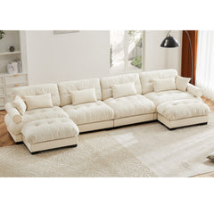 U-Shaped Velvet Sectional Cloud Couch with Movable Ottomans, Deep 4-Seater with Bolstered Armrests and Pillows, Cream