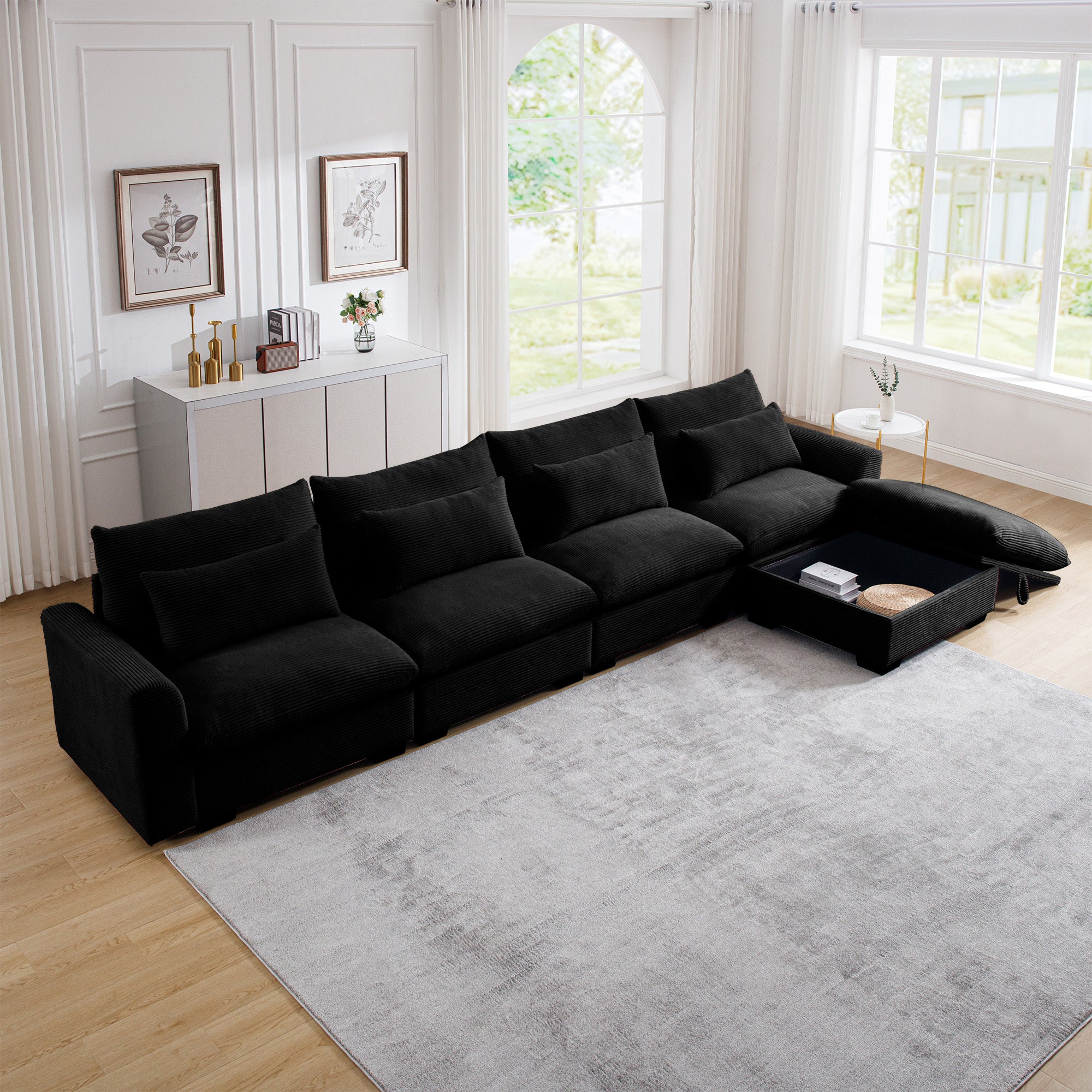 Large L Shape Sectional Corduroy Sofa,Deep Seat Couch with Storage Footstool and 4 Waist Pillows, Black