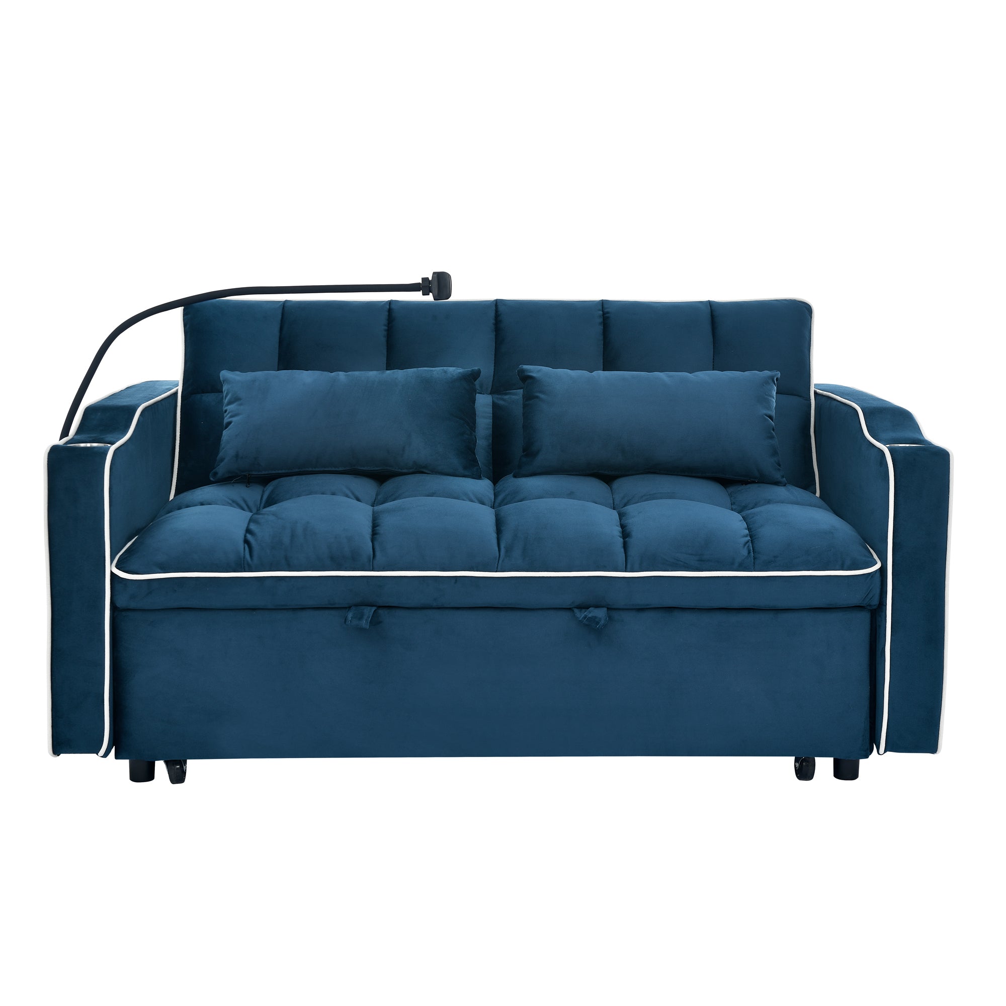 55.51" Foldable Velvet Sofa Bed with Adjustable Back, Pull-Out Design with USB Port, Ashtray, and Swivel Phone Stand, Blue