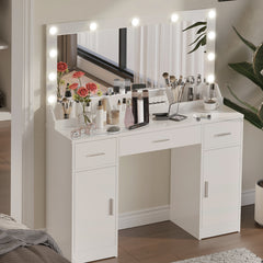 47.2"Vanity Desk with Large Mirror, 3 Colour Lighting Modes, Adjustable Brightness, Dresser with 3 Drawers & 2 Vertical Cabinets, Makeup Vanity Table for Women &  Girls (White)