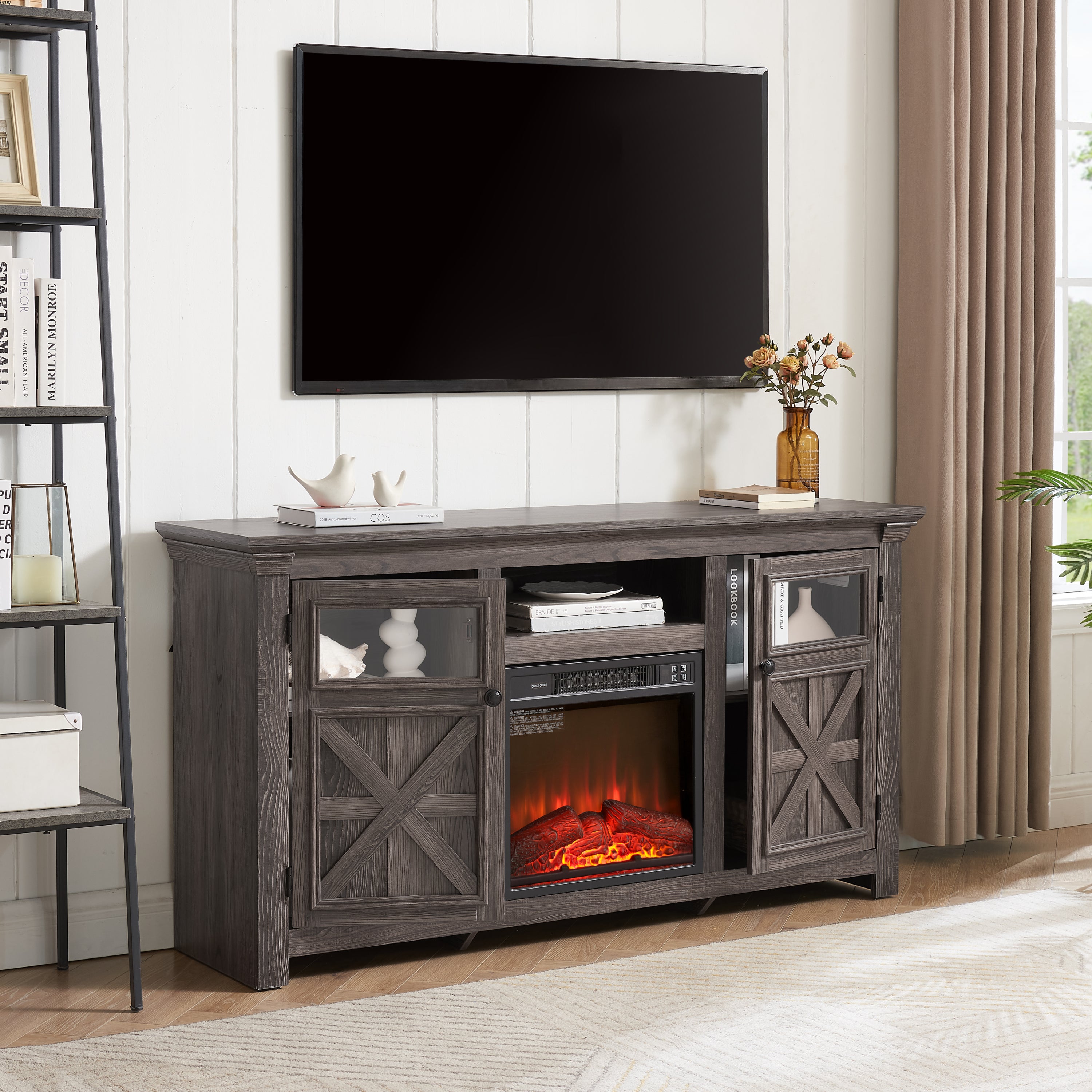 Farmhouse TV Stand with 2 Doors, Barn Design, Large Media Console with 18" Electric Fireplace Insert, GREY