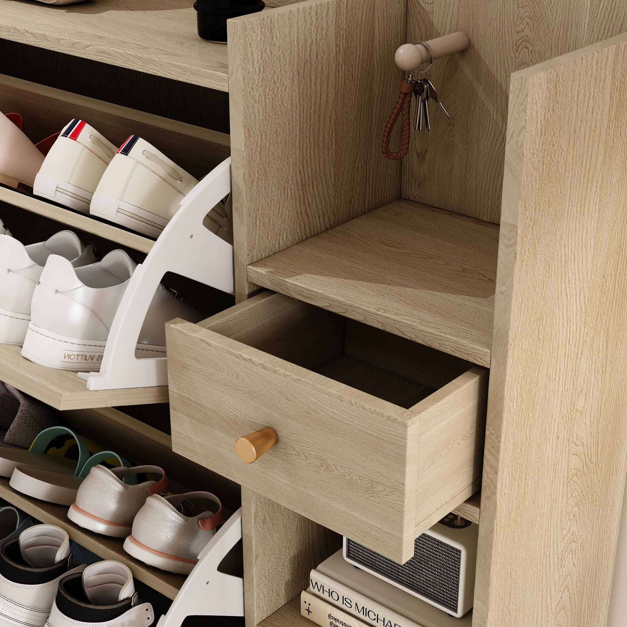 Boho Shoe Cabinet with 3 Rattan Flip Drawers & Storage, Natural