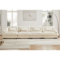 Oversized 4-Seater Velvet Sectional Sofa with Ottoman, Deep Seat Cloud Couch for Living Room, Cream