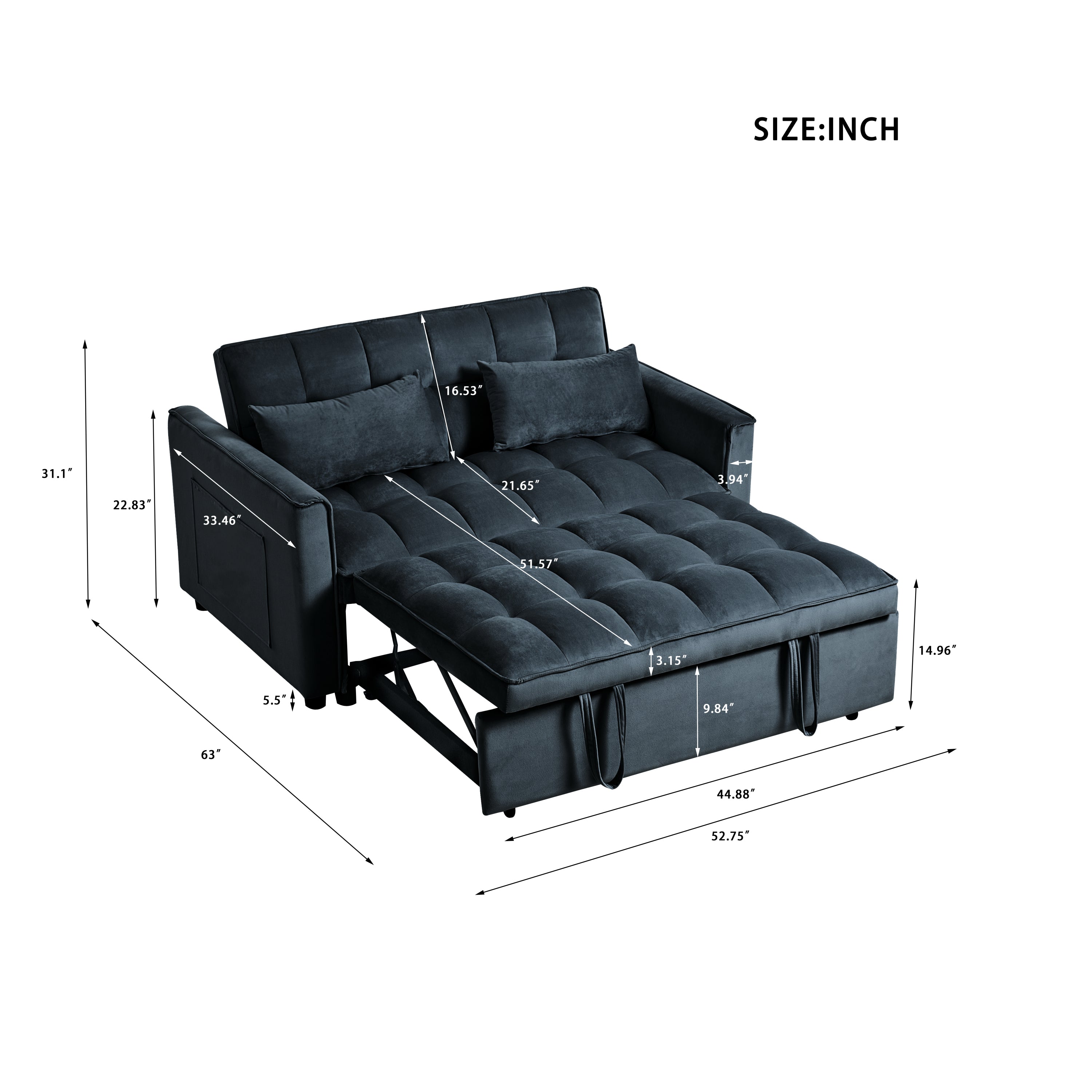 3-in-1 Convertible Sofa Bed, Velvet Loveseat Futon – Black
