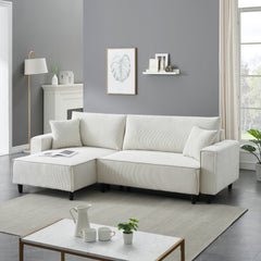 93" Beige Corduroy Sofa Bed with Two Pillows - Sectional L-Shaped Sofa with Storage for Living Room