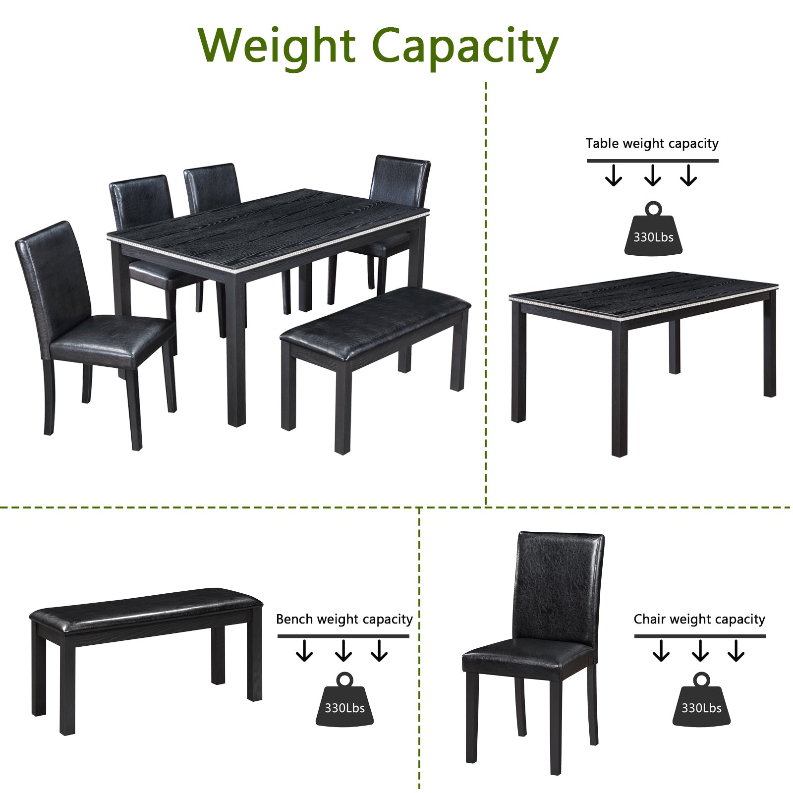 Wooden Dining Rectangular Table with Bench, Kitchen Table with Bench for Small Space, 6 Person Dining Table, Black