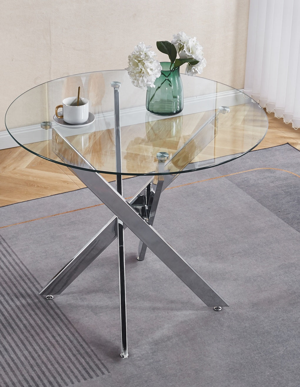 Dining Table with cross metal leg and tempered glass,Modern Space Saving Kitchen Table for Living Room,chrome legs