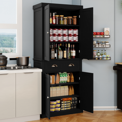 71" Kitchen Pantry Storage Cabinet , with 4 Doors, Drawer, 2 Adjustable Shelves, Freestanding Cupboard for Dining Room Living Room, Laundry-Black