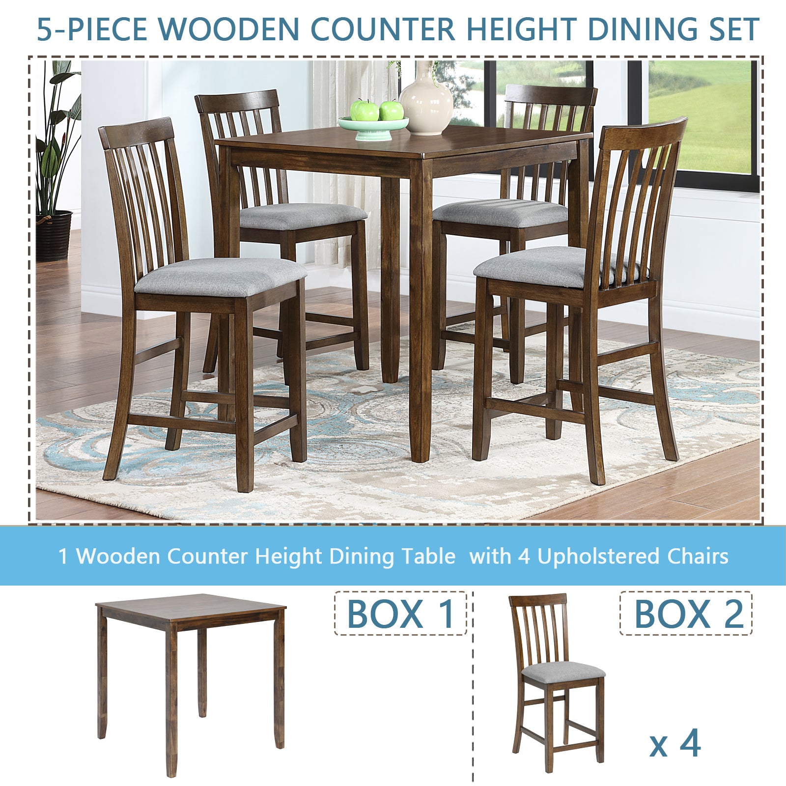 5 Piece Dining Table Set, Wooden Dining Square Table Set for 4, Counter Height Kitchen Table Set with Square Table and 4 Upholstered Chairs for Small Space, Walnut