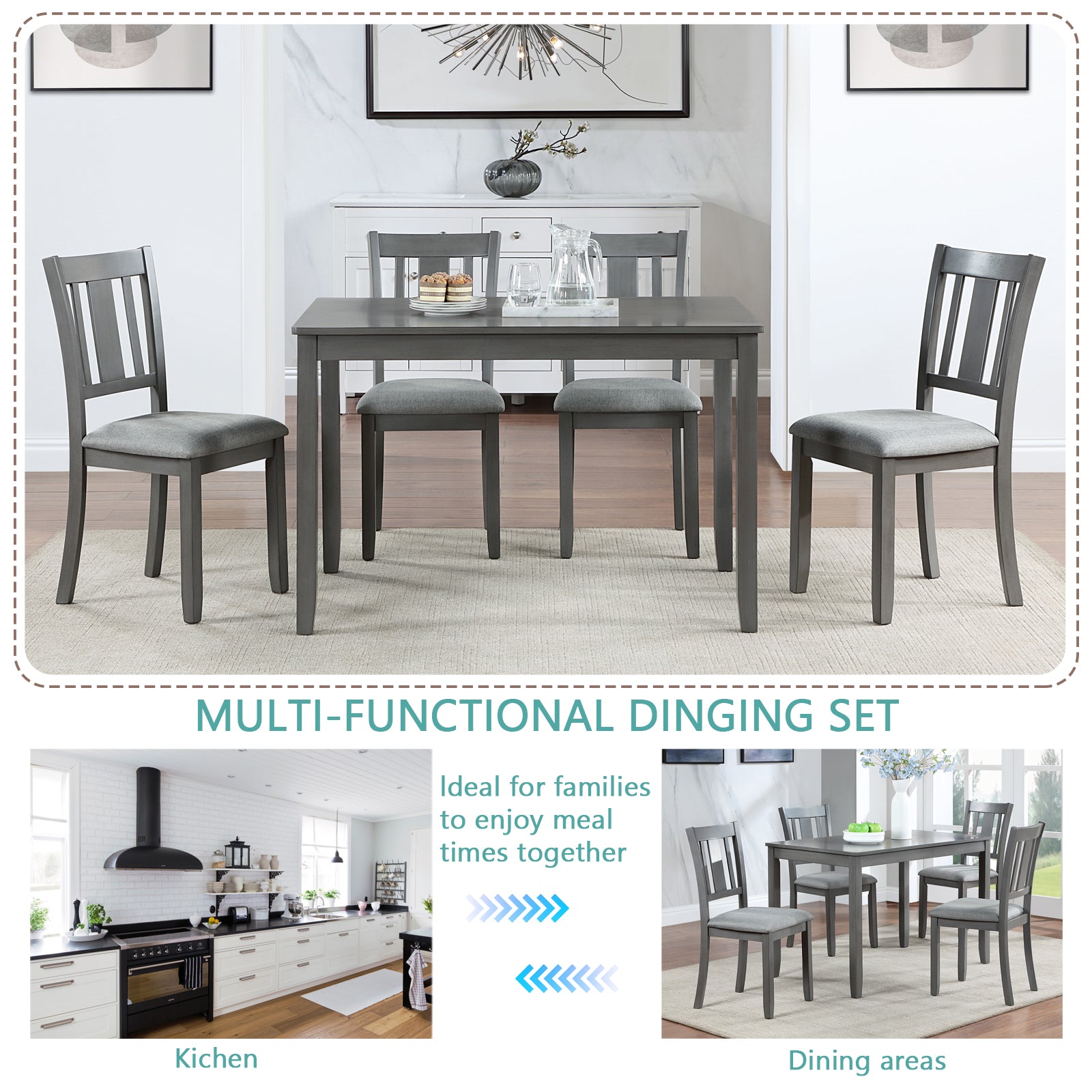 5 Piece Modern Dining Set, Rectangular Wooden Dining Table with 4 Upholstered Chairs for Kitchen, Dining Room, Gray