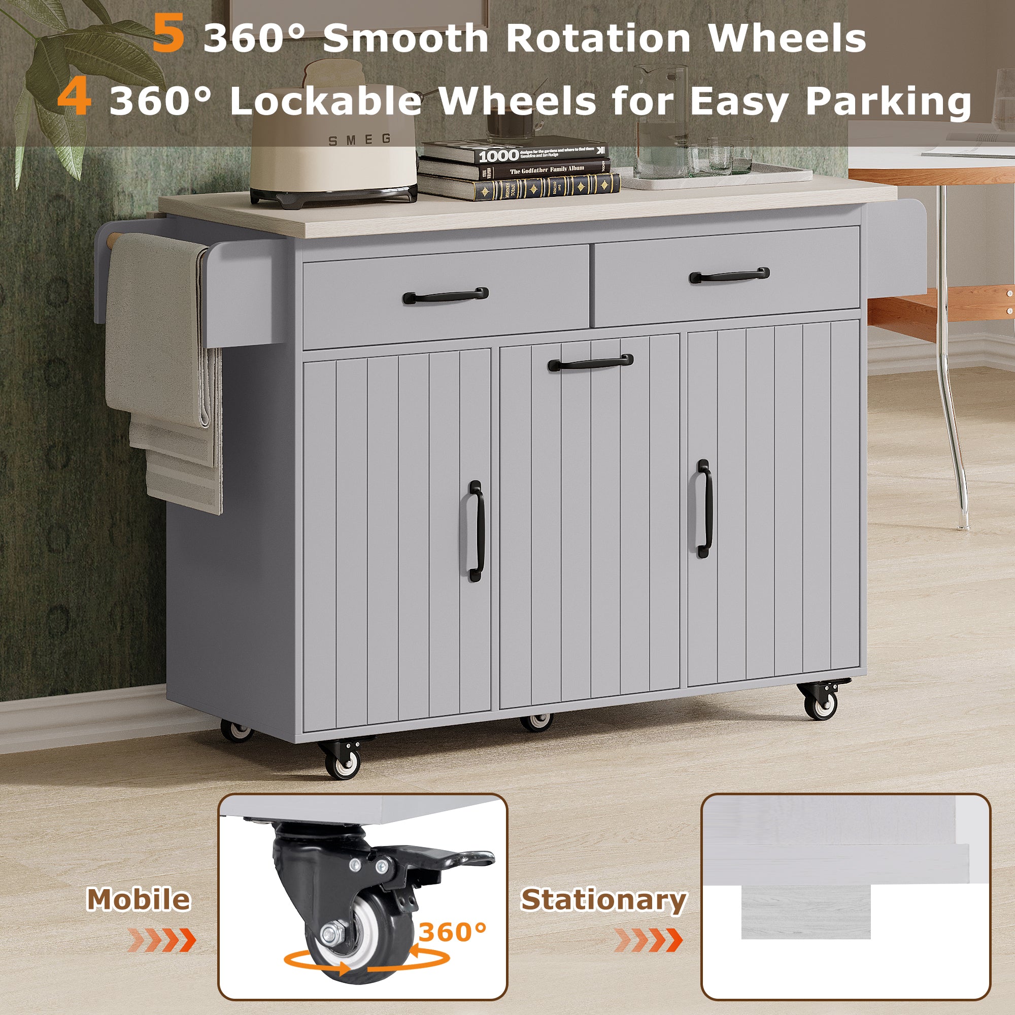 K&K Kitchen Island with Trash Can Storage Cabinet - Rolling Kitchen Island on Wheels with Adjustable Shelf, Grey