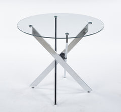 Dining Table with cross metal leg and tempered glass,Modern Space Saving Kitchen Table for Living Room,chrome legs