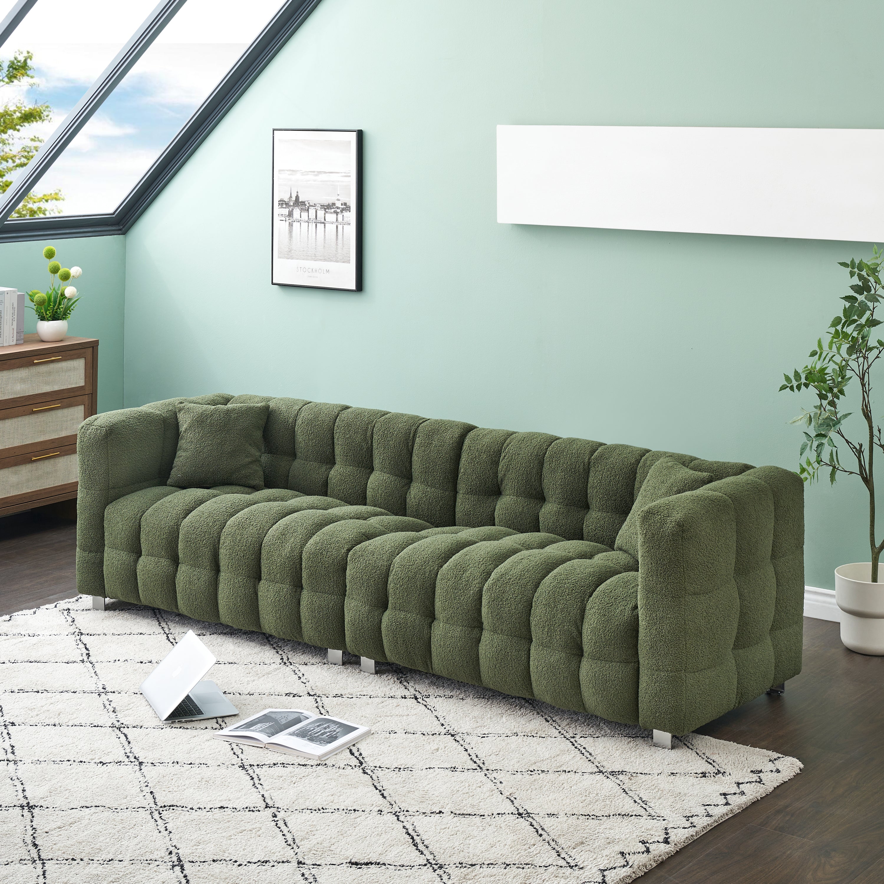 Luxurious 4-Seater Green Teddy Fleece Modular Pit Sofa with 2 Pillows for Living Room