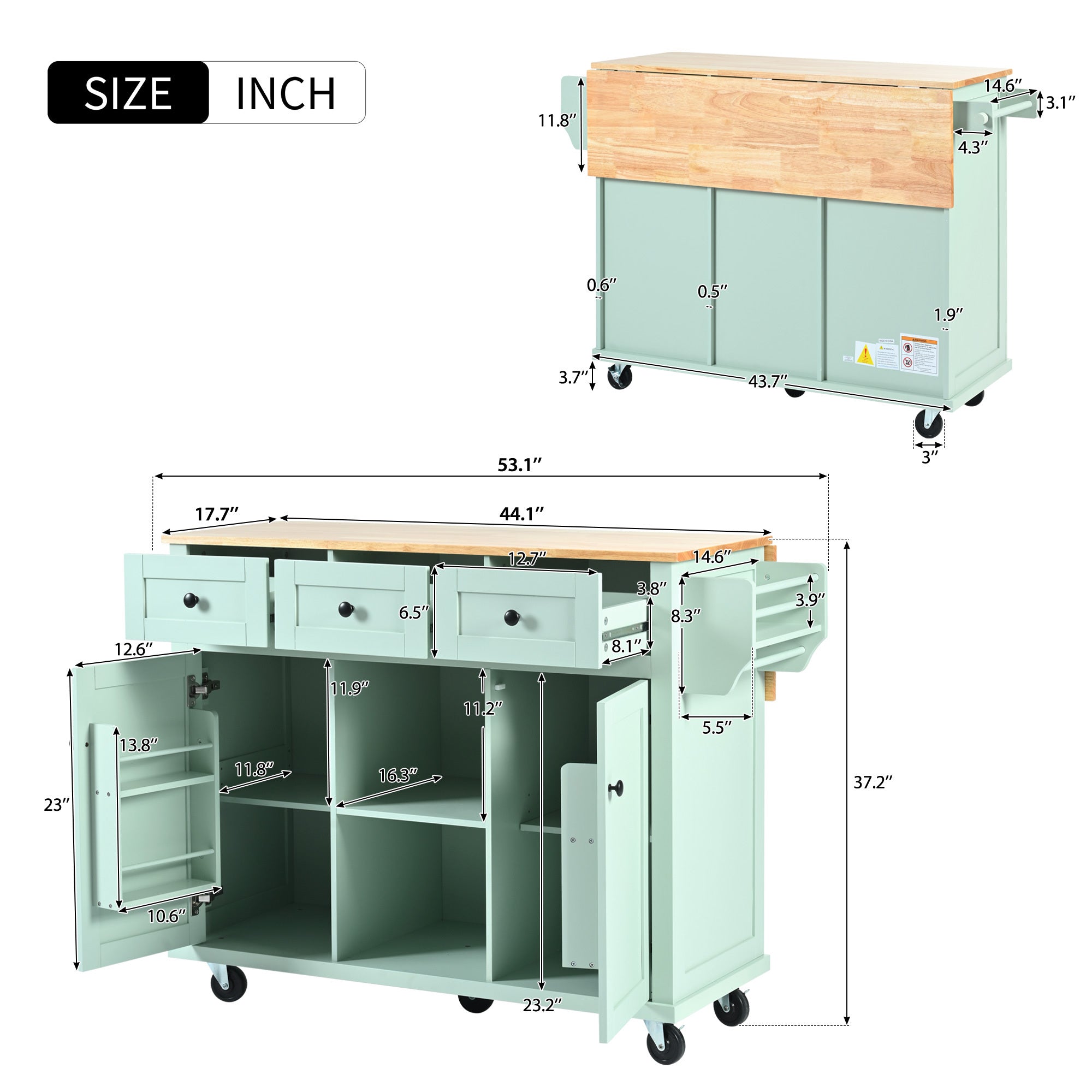 Kitchen Cart with Rubber wood Drop-Leaf Countertop for Dinning Room, Mint Green