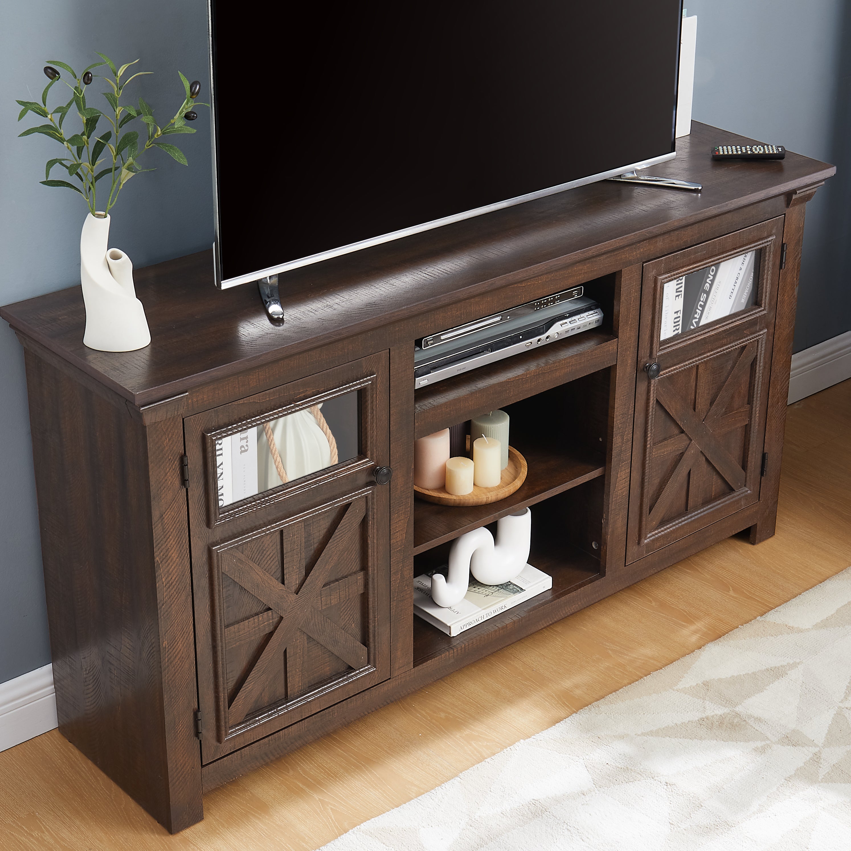 2 Doors Cabinet TV Stand with Large Barn Inspired Home Entertainment Console,Espresso