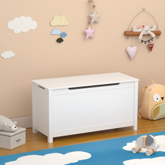 Kids Wooden Toy Box Storage with Safety Hinged Lid for Ages 2+ (White)