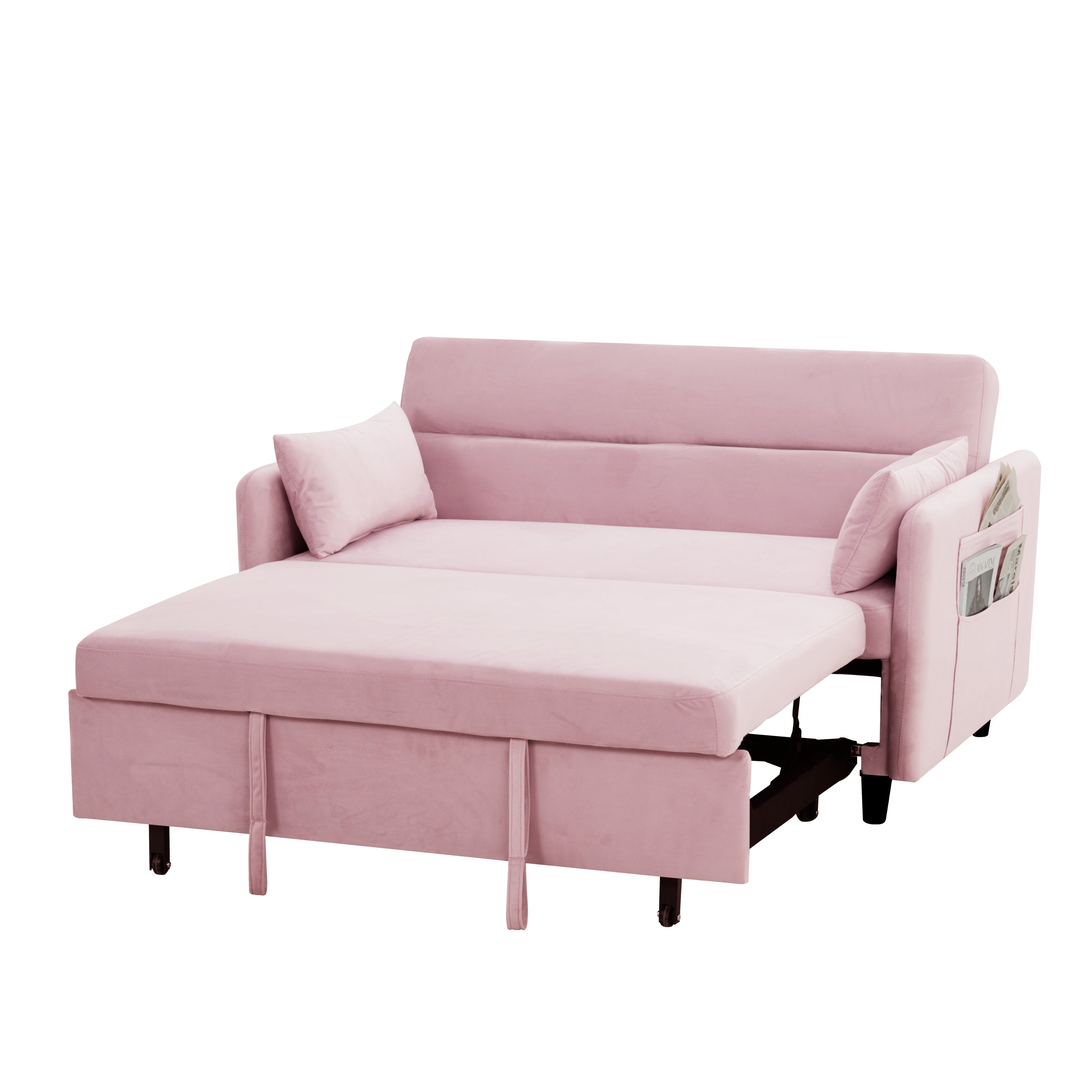 54" Pull-Out Sofa With Two Pillows Pink Velvet Loveseat For Small Living Room