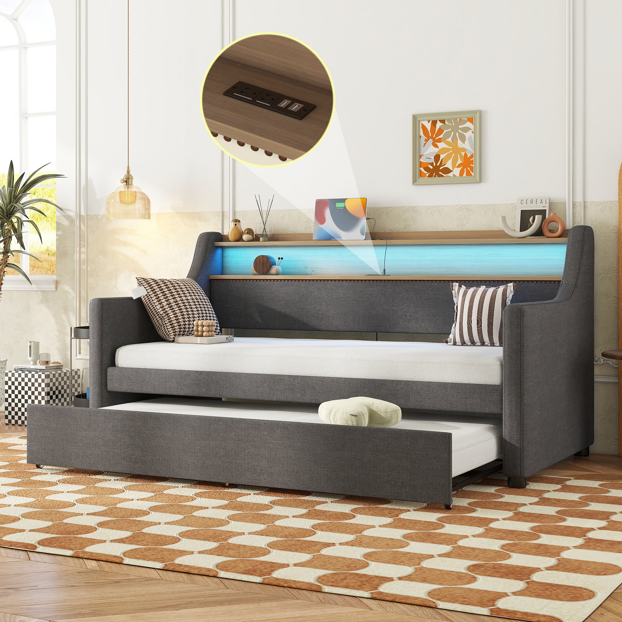 Twin Size Daybed with Trundle Bed, Upholstered Sofa Bed with Charging Station and LED Lights, Gray