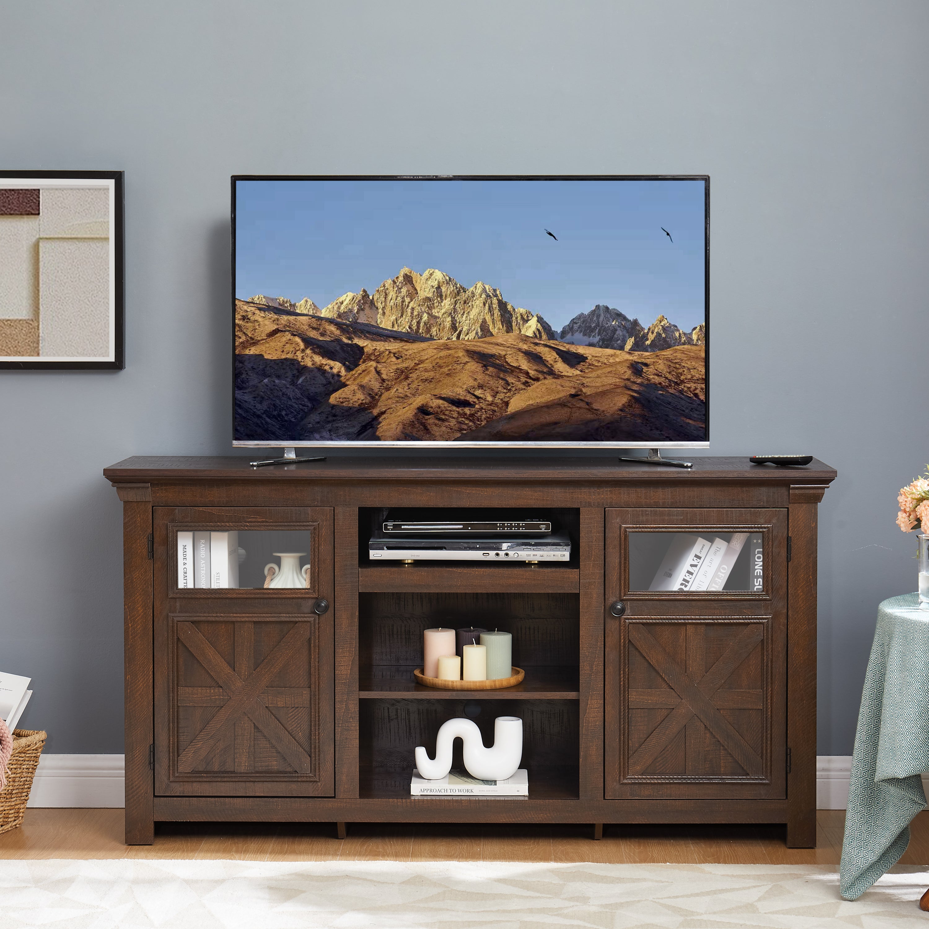 2 Doors Cabinet TV Stand with Large Barn Inspired Home Entertainment Console,Espresso