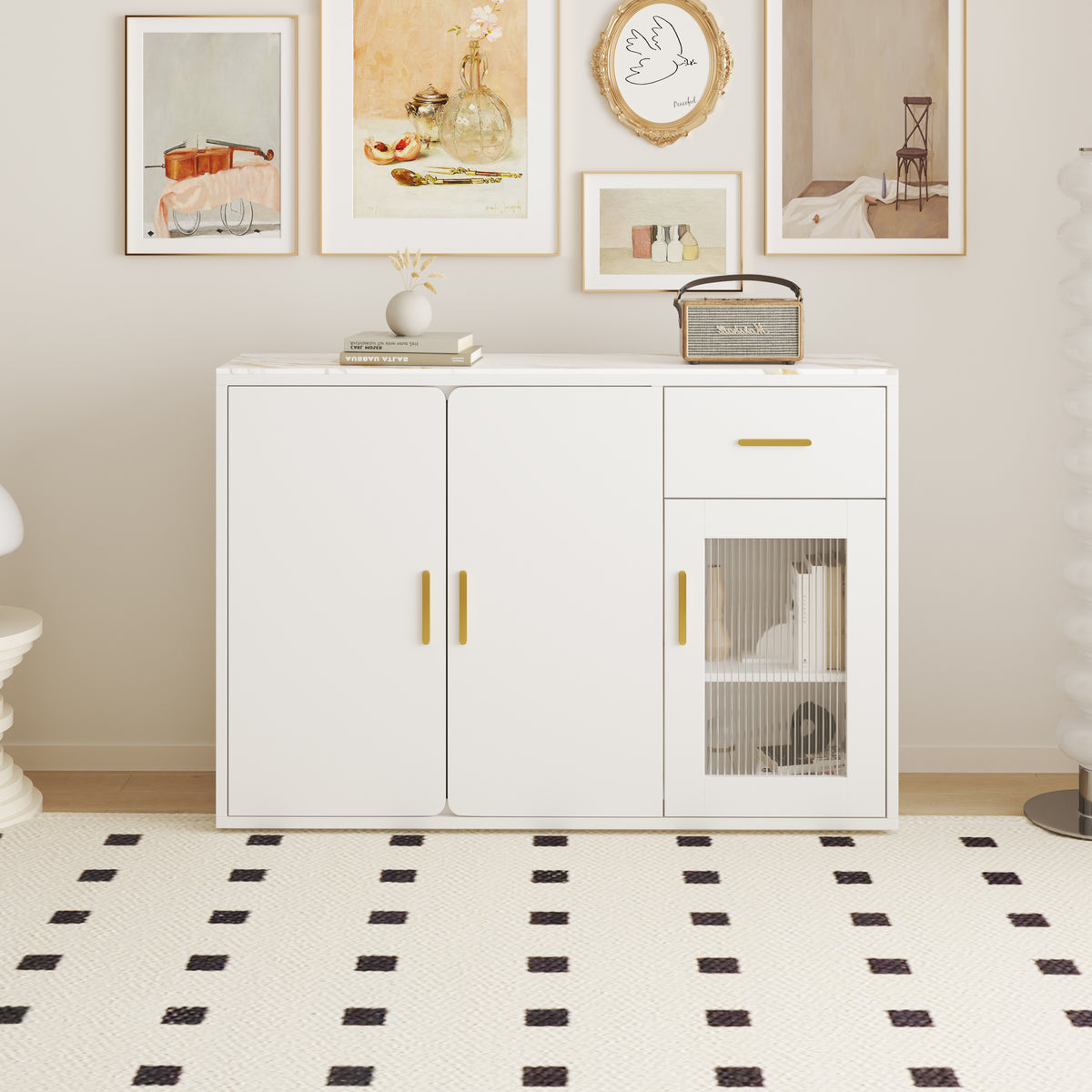 Modern White Buffet with Storage Doors & Drawer Sideboard for Kitchen