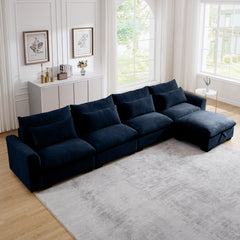 Large L Shape Sectional Corduroy Sofa,Deep Seat Couch with Storage Footstool and 4 Waist Pillows, Blue