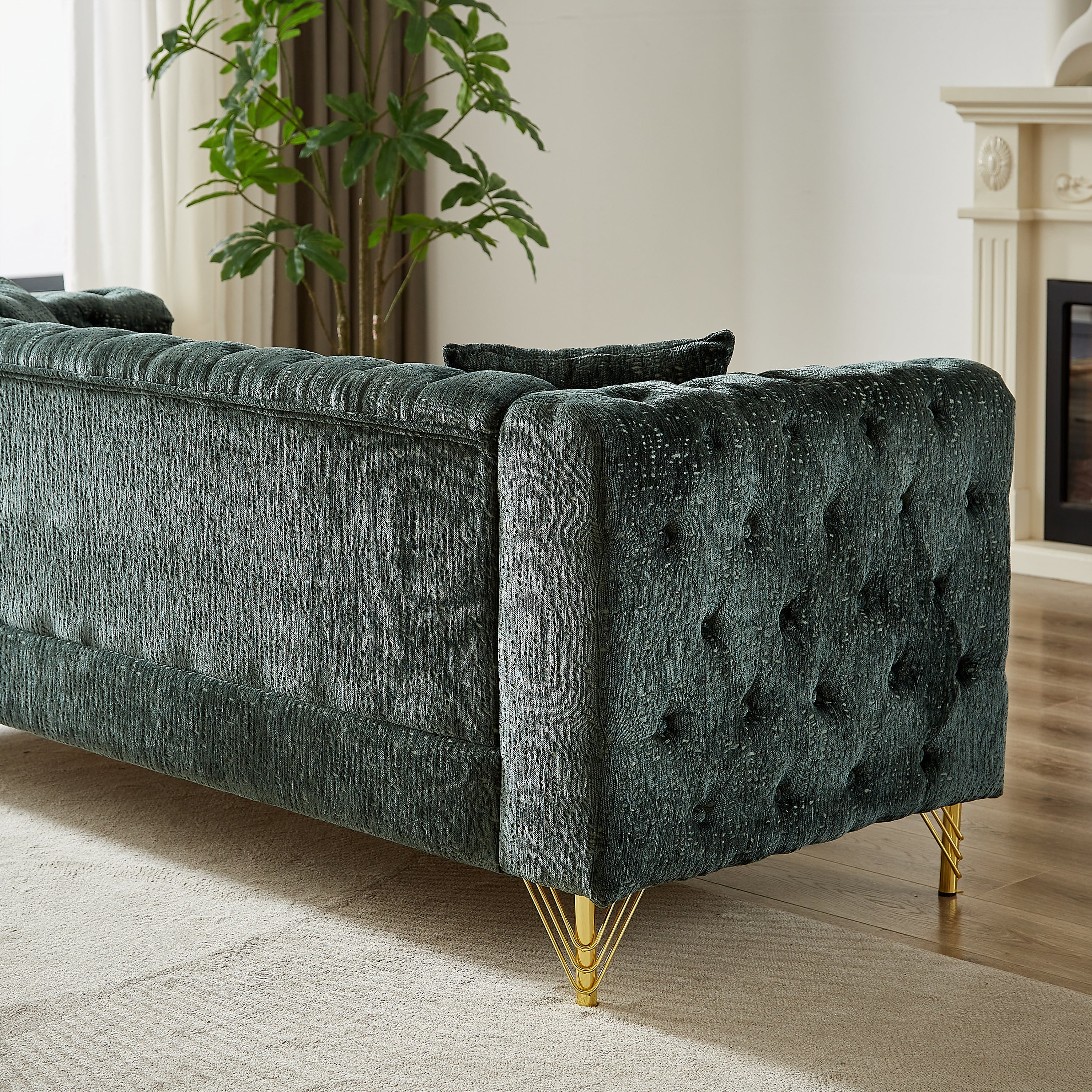 82-Inch Chenille Pull Buckle Design Sofa for Living Room,Buttons Tufted With Copper Nail Decoration Armrest, Modern Couch Upholstered Button And Metal Legs