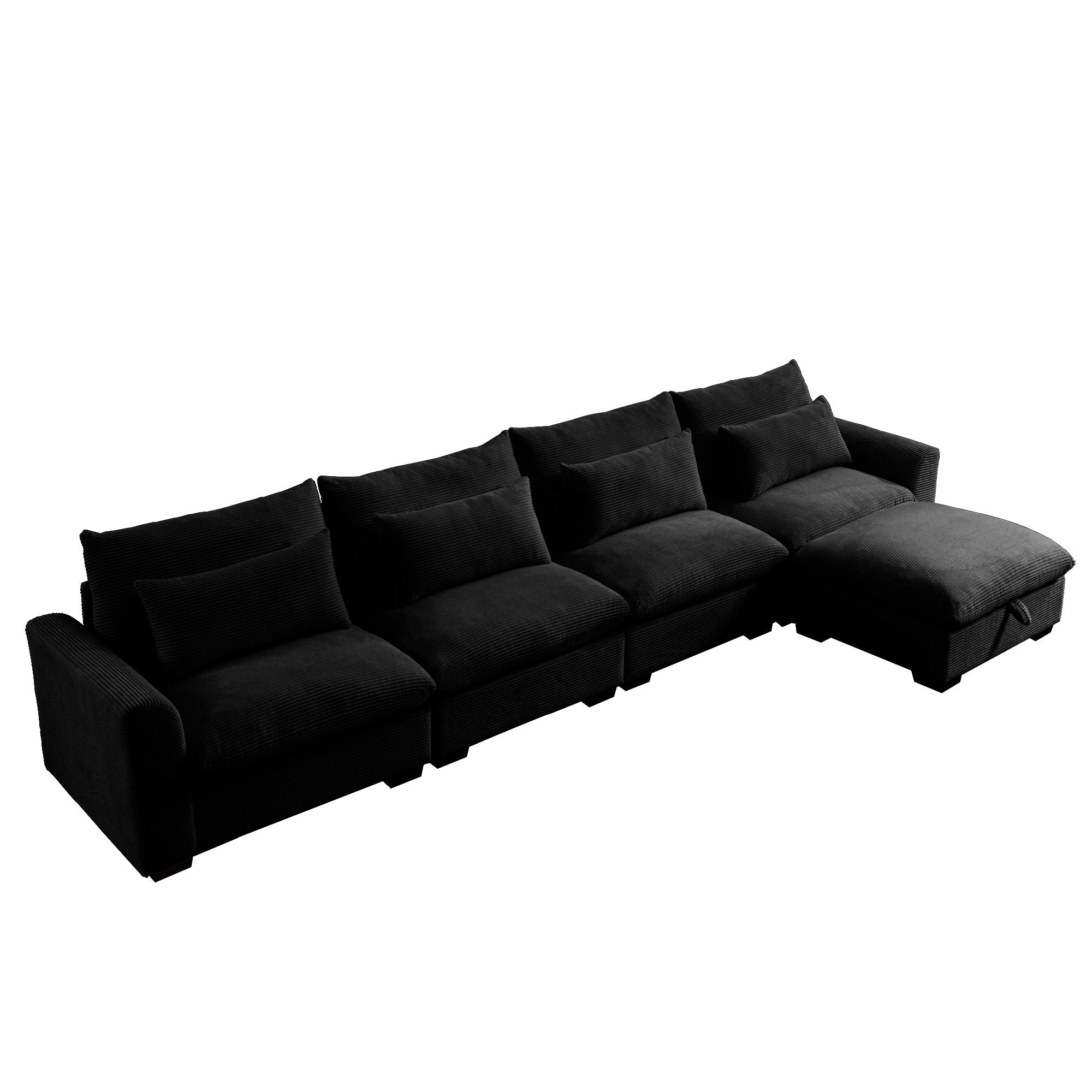 Large L Shape Sectional Corduroy Sofa,Deep Seat Couch with Storage Footstool and 4 Waist Pillows, Black