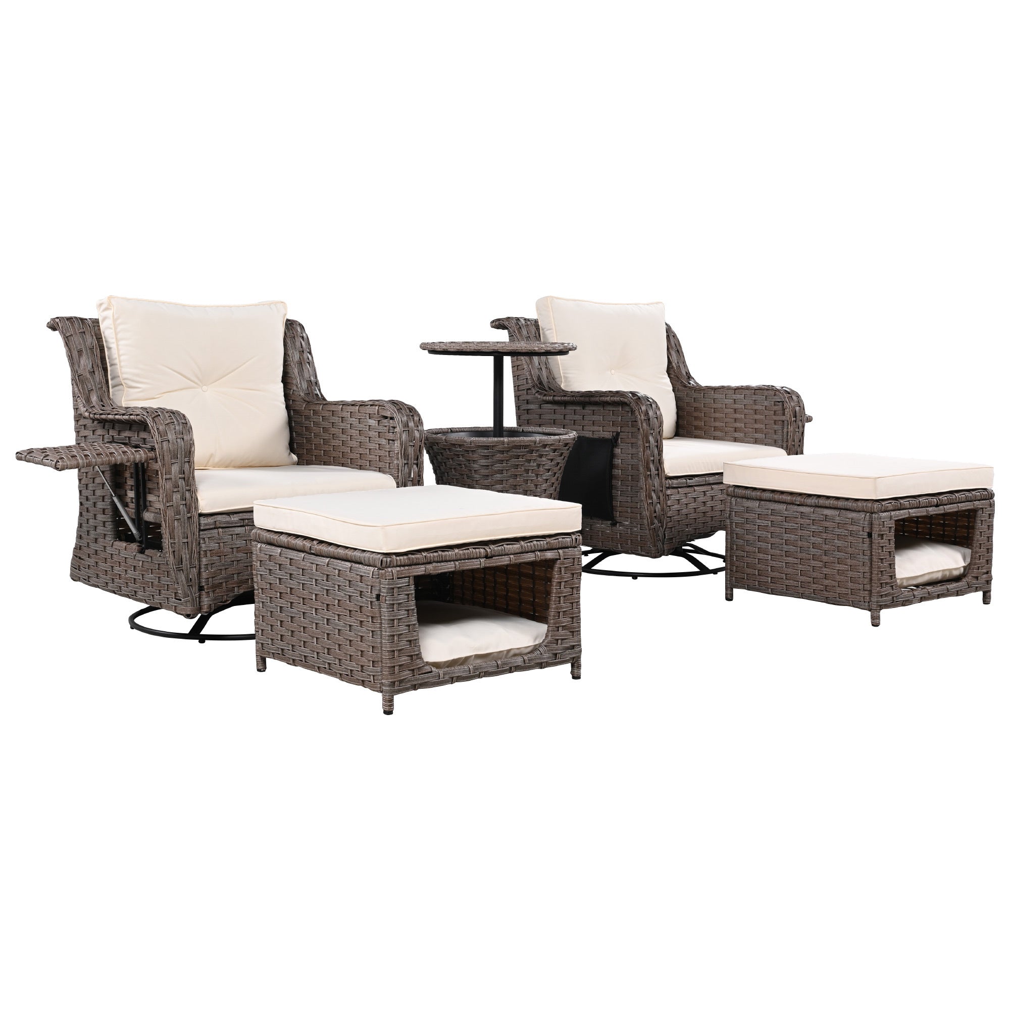 K&K 5 Pieces Outdoor Patio Furniture Set with Pet House Cool Bar and Retractable Side Tray, Rattan Wicker Patio Swivel Rocking Chairs Set of 2 with Ottomans for Backyard, Porch, Balcony, Beige