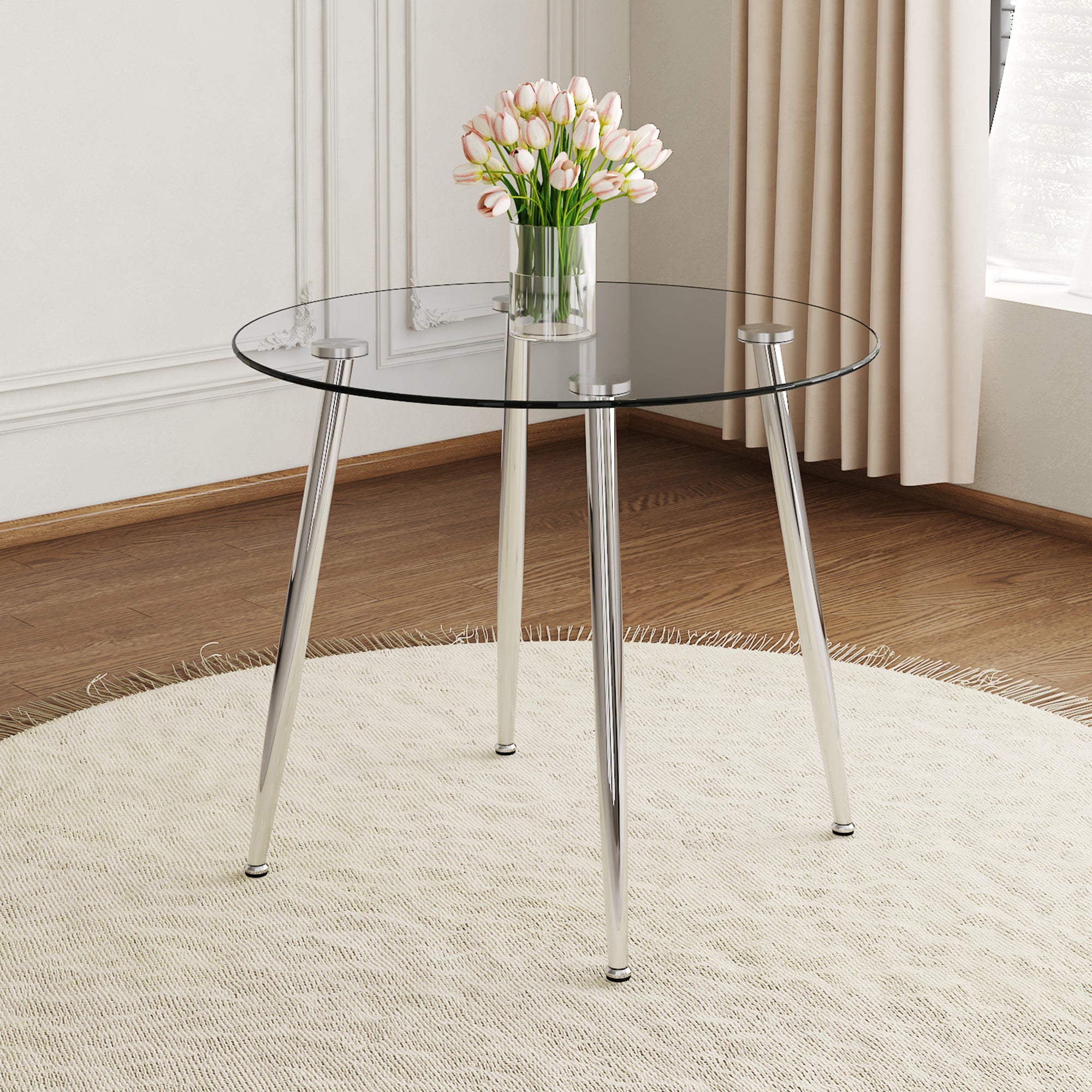 Elegant Round Glass Top Dining Table with Silver Metal Legs -  Perfect for Your Dining Room