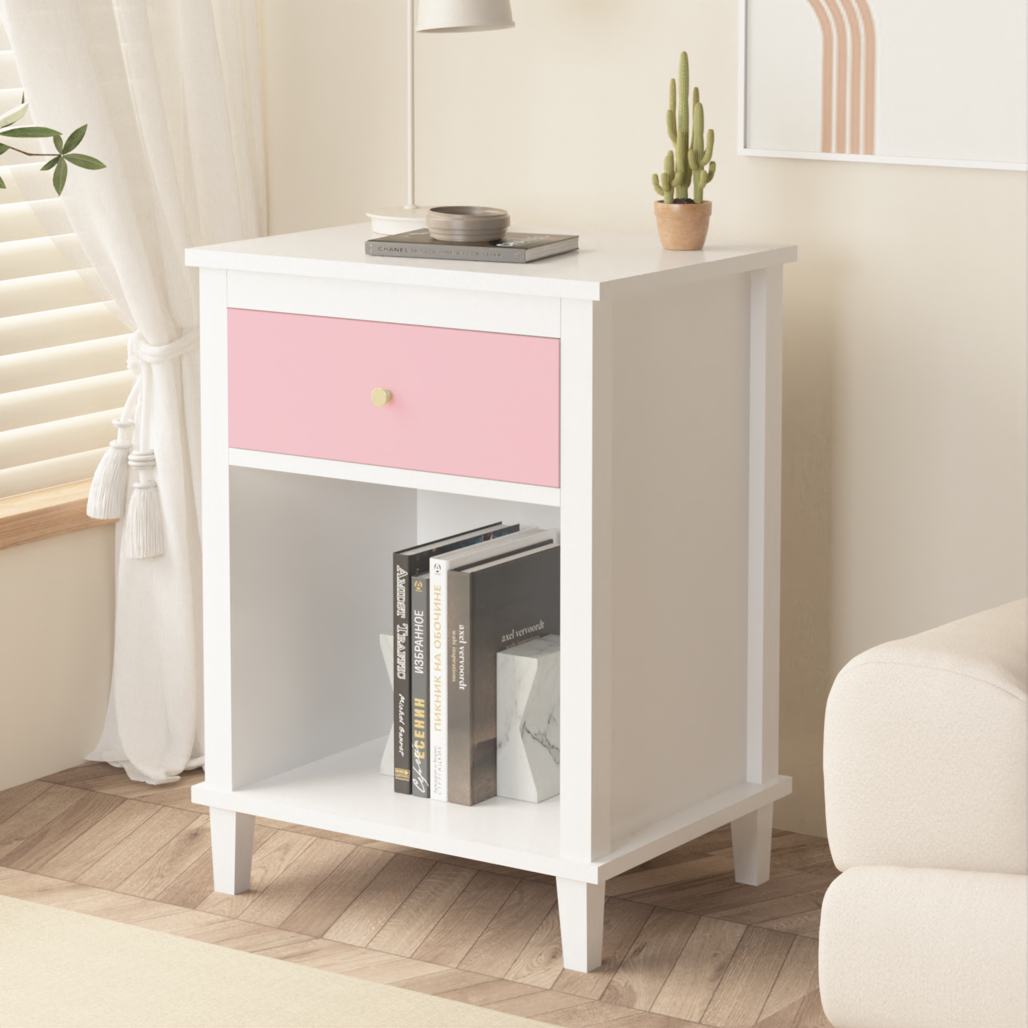 26.77''H Wooden Nightstand with One Drawer One Shelf for Kids, Adults, Pink