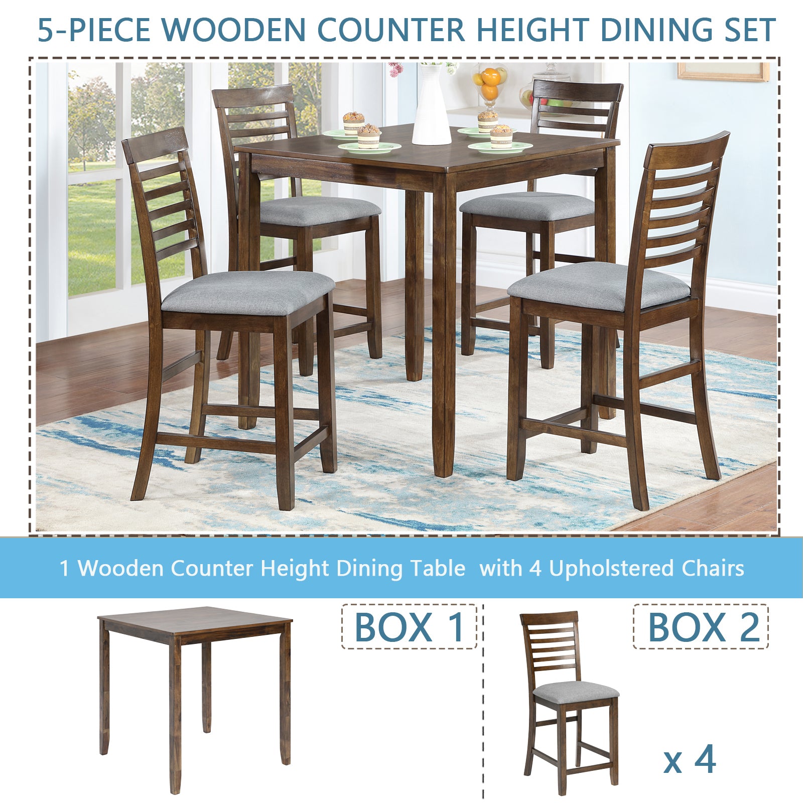 5 Piece Dining Table Set, Wooden Dining Square Table Set for 4, Counter Height Kitchen Table Set with Square Table and 4 Upholstered Chairs for Small Space, Walnut