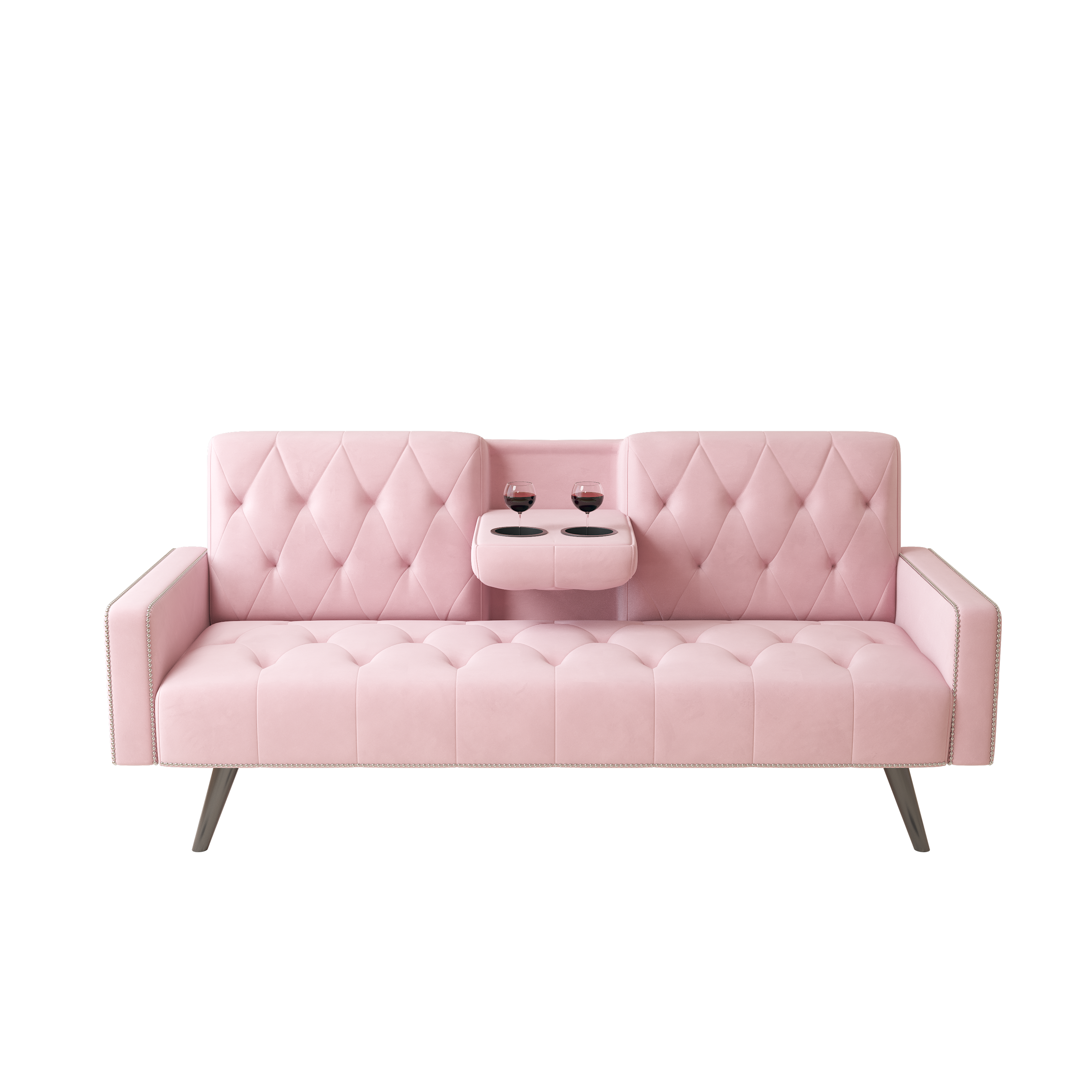 72" Pink Velvet Sofa Bed with Nail Head Trim & Two Cup Holders Sleeper Sofa for Small Living Room