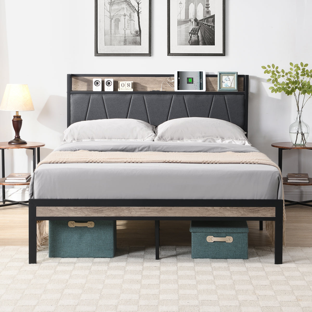 Queen  Size  Metal Platform Bed Frame with upholstery storage function Headboard   and USB LINER  and Footboard  , No Box Spring Needed, Large Under Bed Storage, Easy Assemble