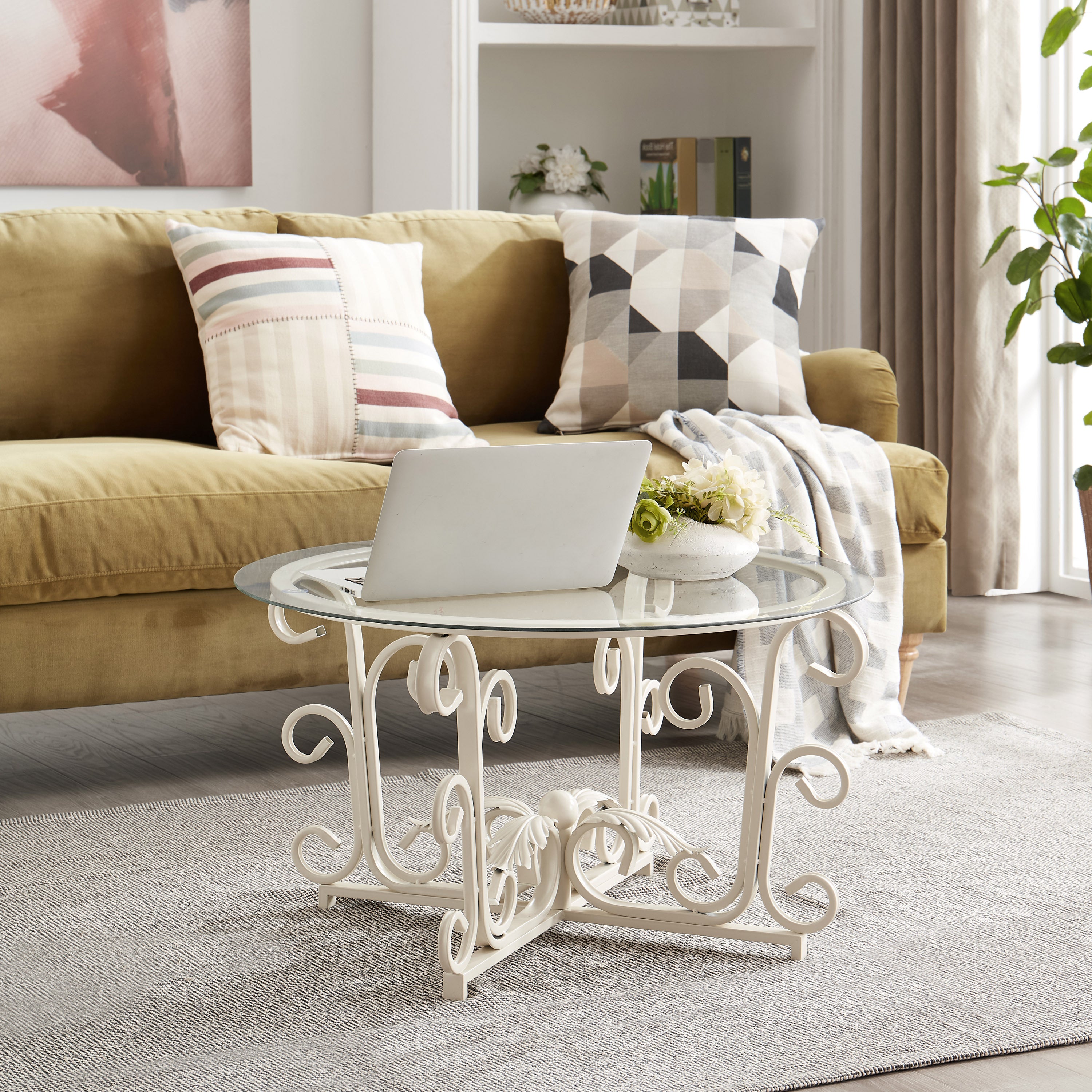 Glass Coffee Table with Iron Leaf Base, White