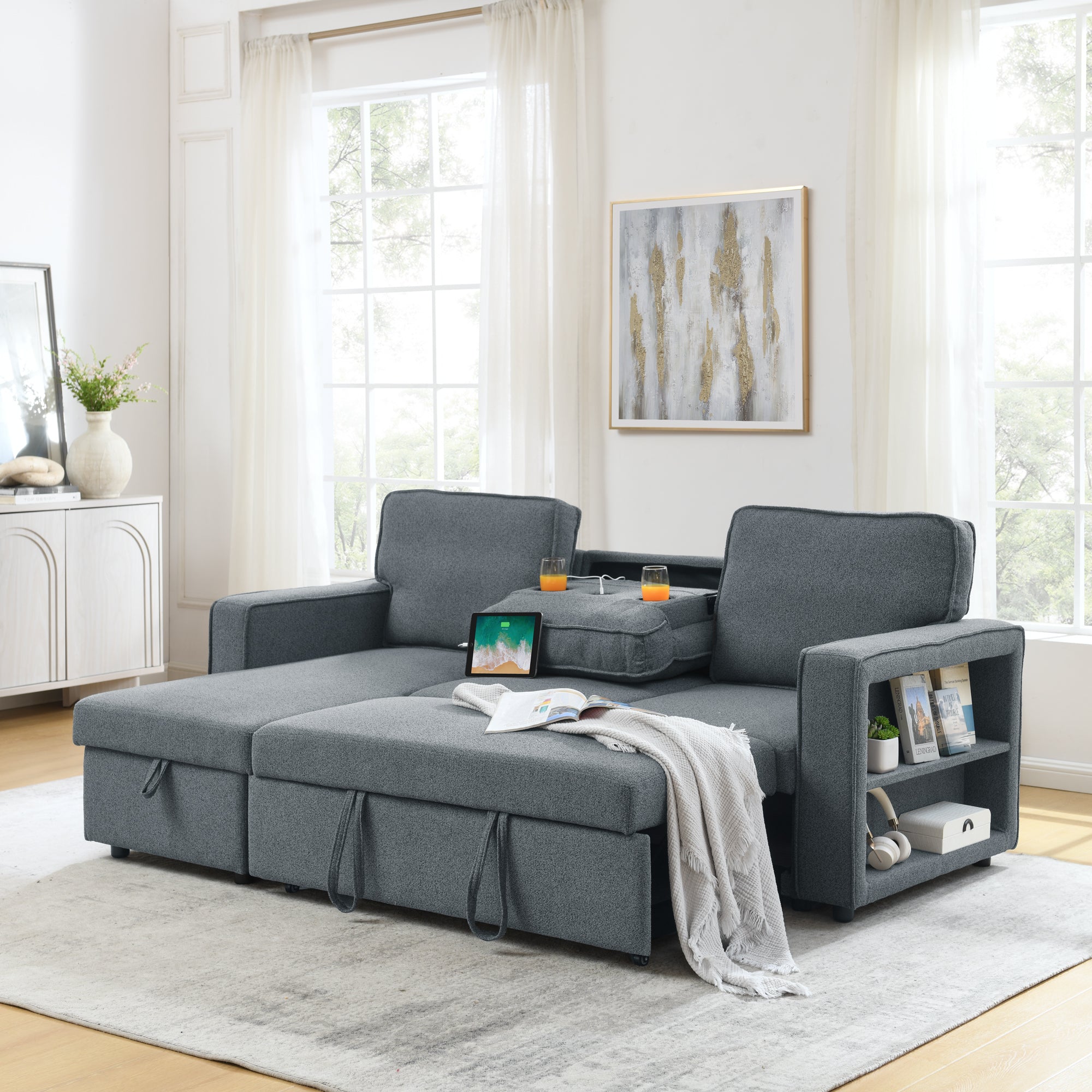 Linen Upholstered Sleeper Sectional Sofa, Shaped Modular Convertible Sofa with Storage Chaise,There are two cup holders in the middle and USB multi-interface function,Pull Out Sleep Couch Bed ,Grey