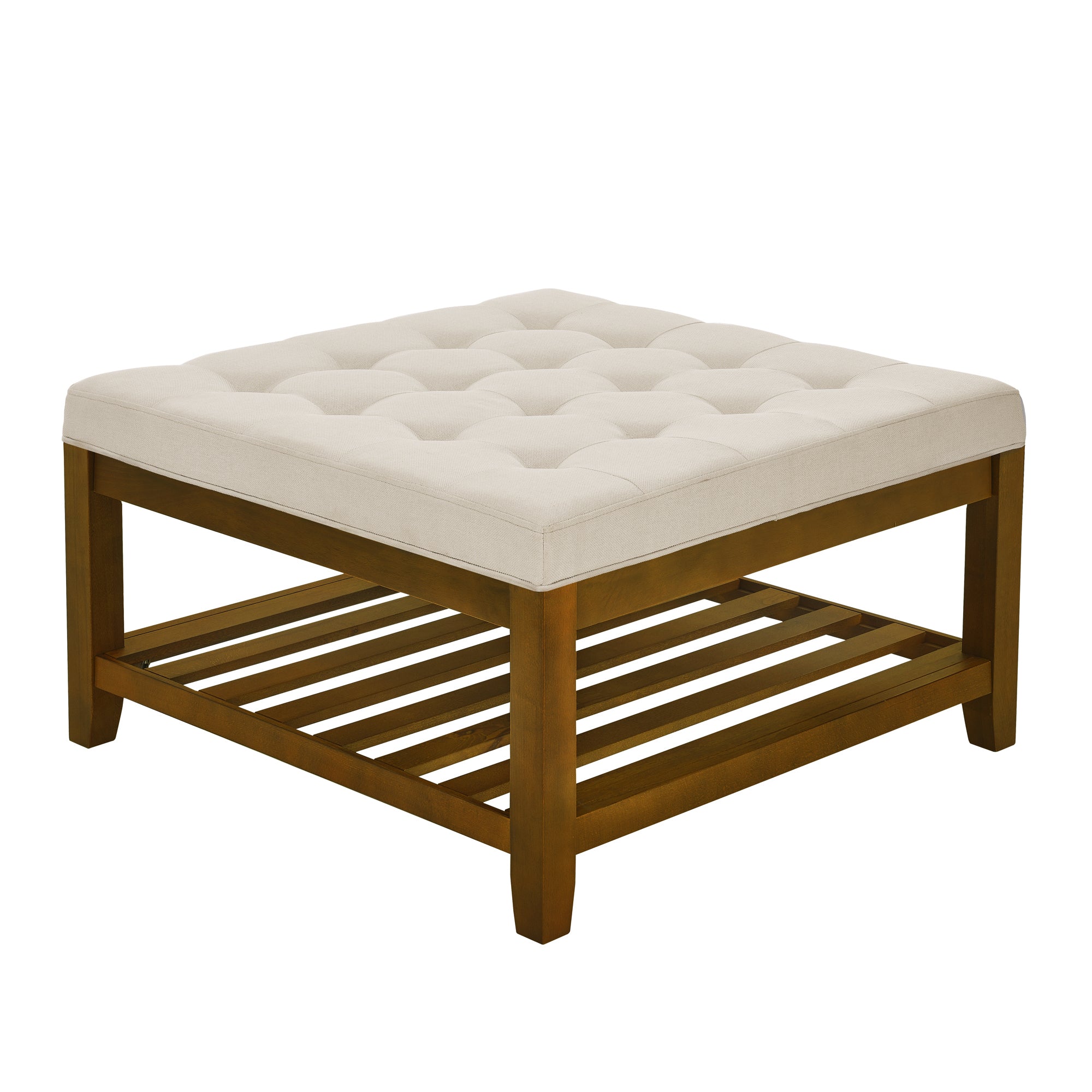 Tufted Upholstered Square Coffee Table Ottoman with Beech Wood Shelf, Oversized Footrest for Living Room, Beige