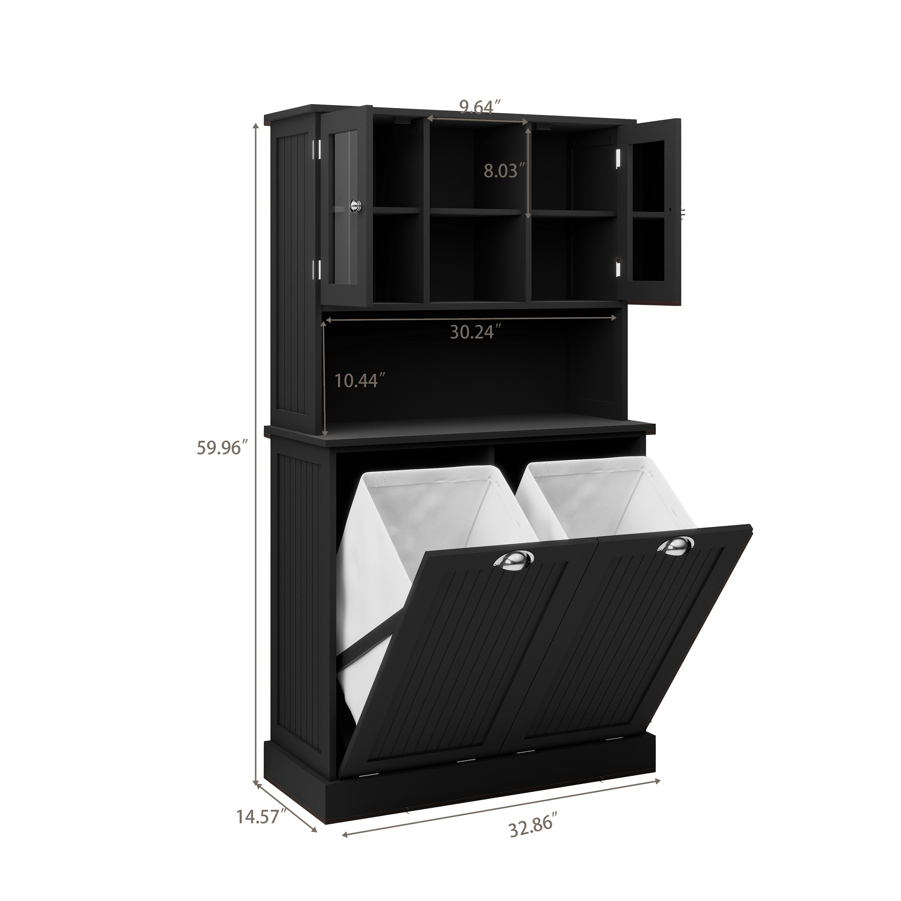 Two-Compartment Tilt-Out Dirty Laundry Basket Tall Bathroom Cabinet with 2 Adjustable Shelves-Black