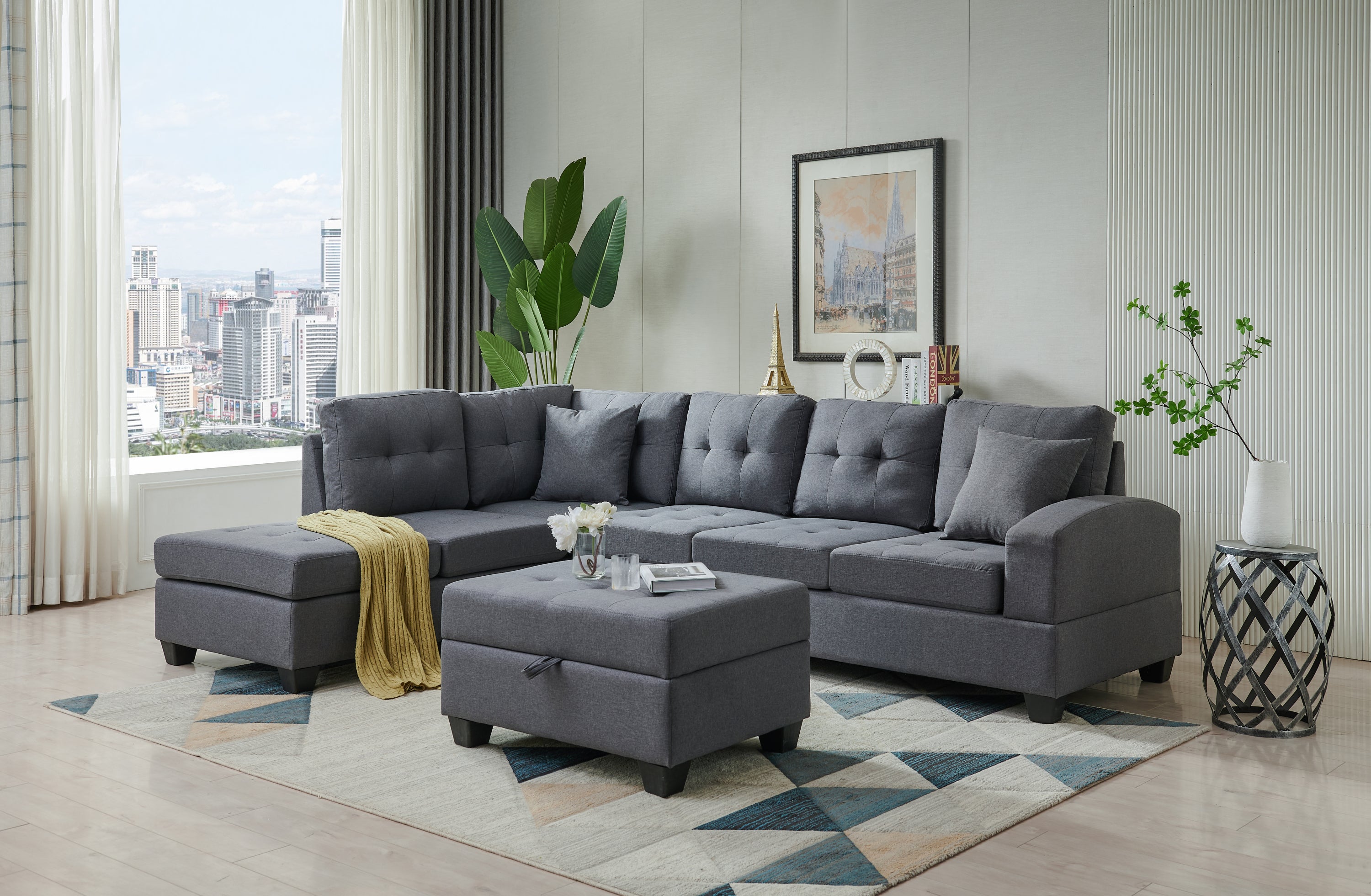 Sectional 3-Seaters Sofa , reversible recliner, storage mat and cup holder, Non-slip leg, two grey pillows, linen, grey