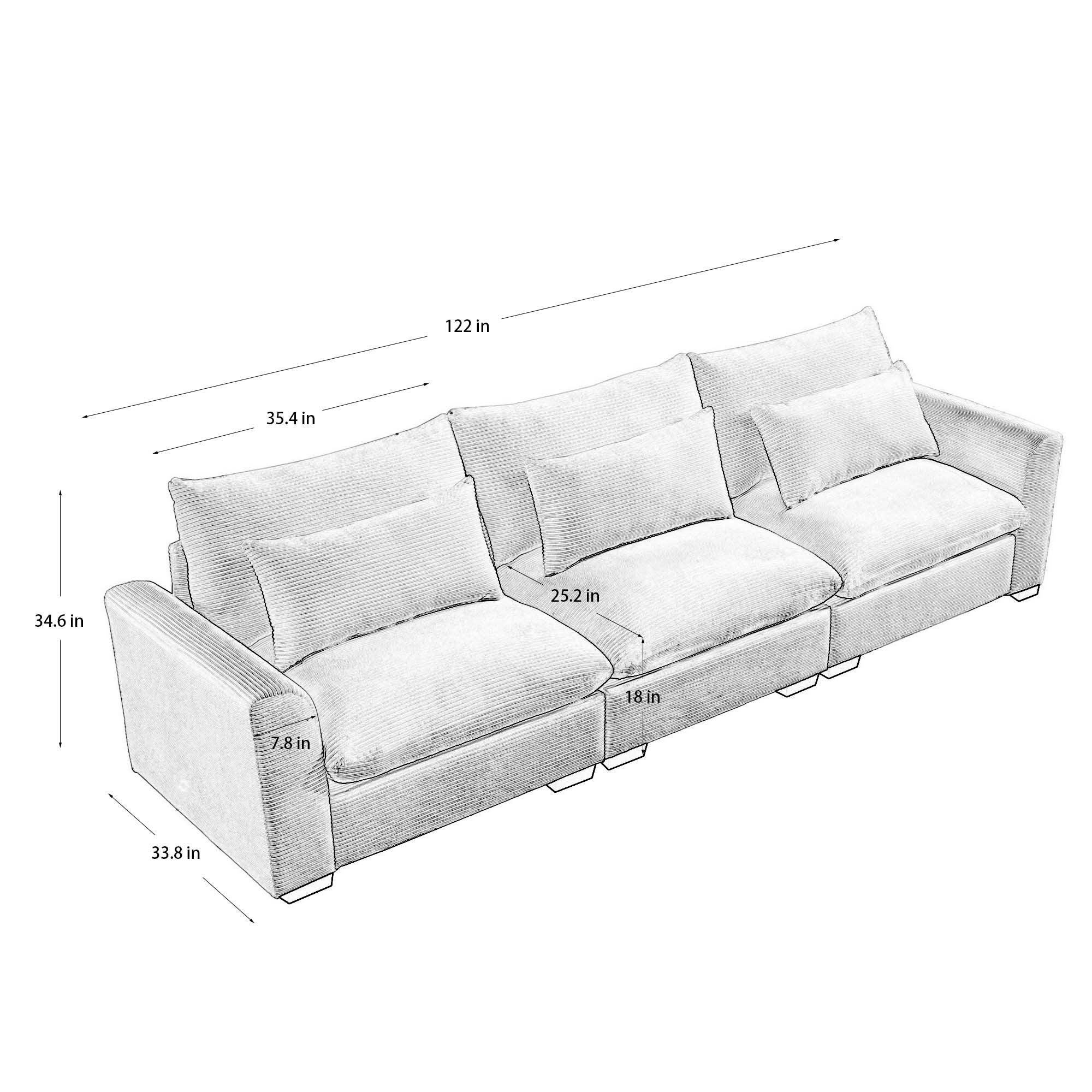 3 Seater Deep Seat Couches for Living Room, Wide and Deep Seat Comfy Living Roo Sofas with 3 Waist Pillows, Beige Corduroy