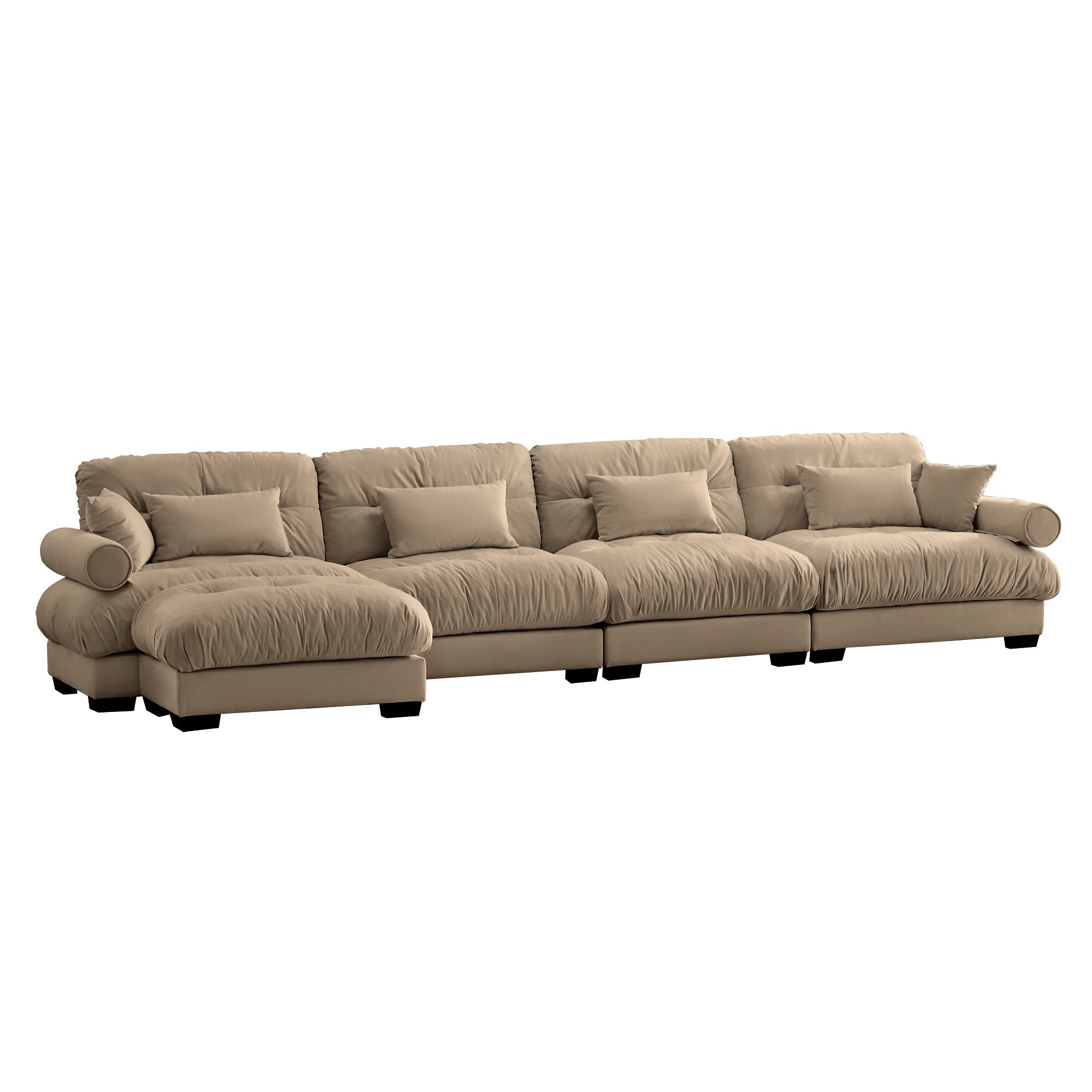 L-Shaped Convertible 4-Seater Cloud Sofa, Modern Velvet with Pillows and Bolstered Armrests,Camel