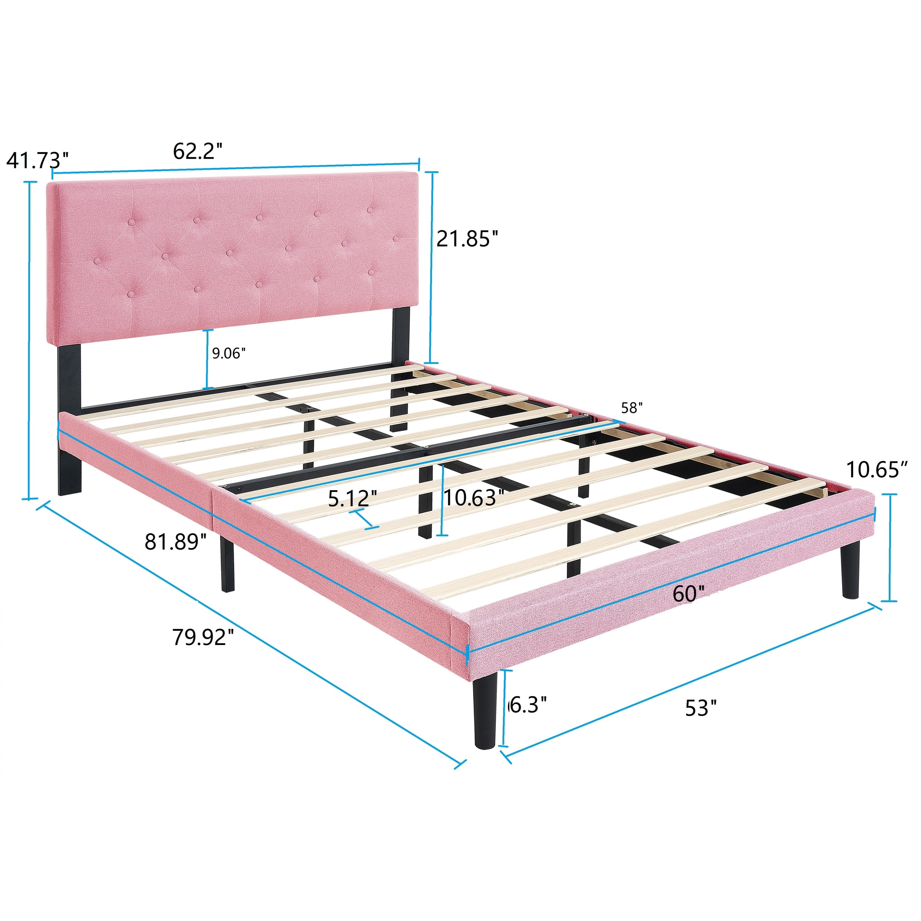 Queen Size Upholstered Platform Bed Frame with Modern Button Tufted Linen Fabric Headboard, No Box Spring Needed, Wood Slat Support, Easy Assembly, pink