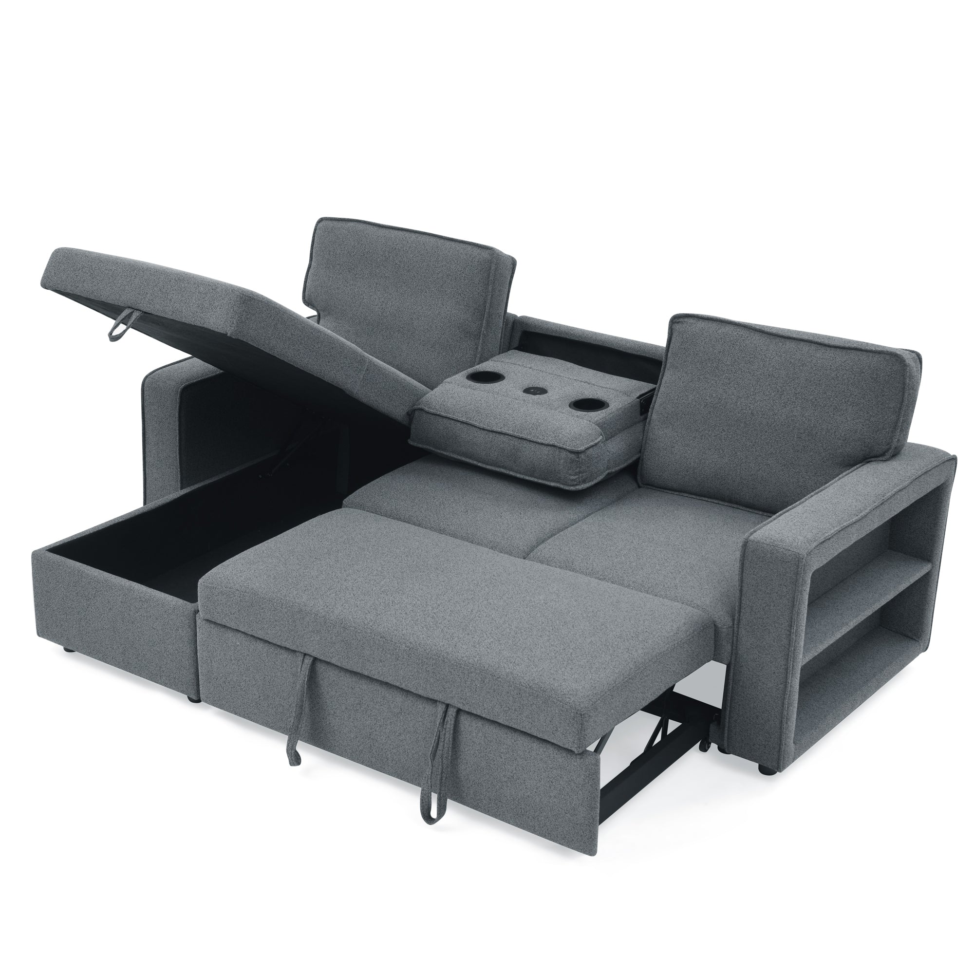 Linen Upholstered Sleeper Sectional Sofa, Shaped Modular Convertible Sofa with Storage Chaise,There are two cup holders in the middle and USB multi-interface function,Pull Out Sleep Couch Bed ,Grey