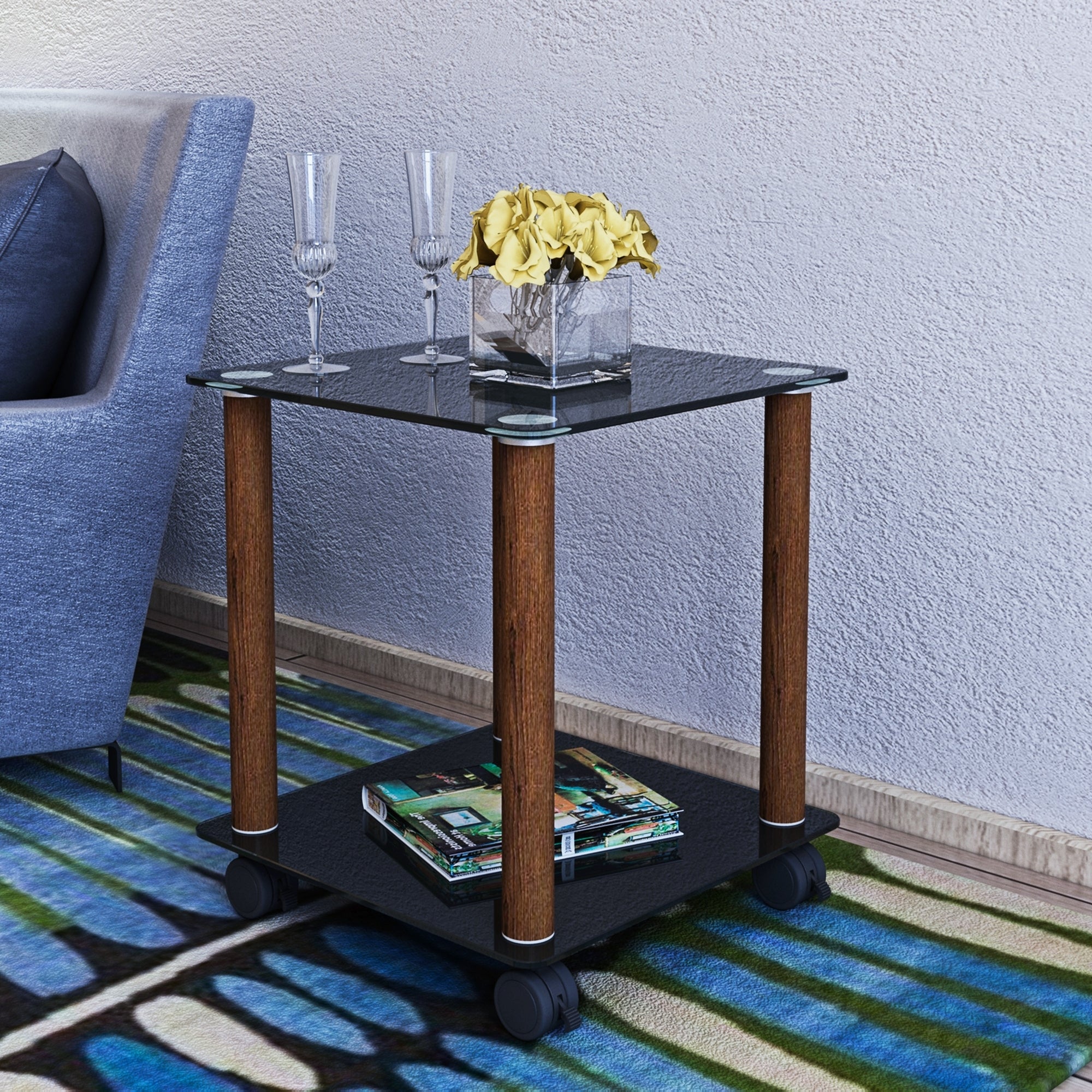 1-Piece Black + Walnut Side Table , 2-Tier Space End Table ,Modern Night Stand, Sofa table, Side Table with Storage Shelve