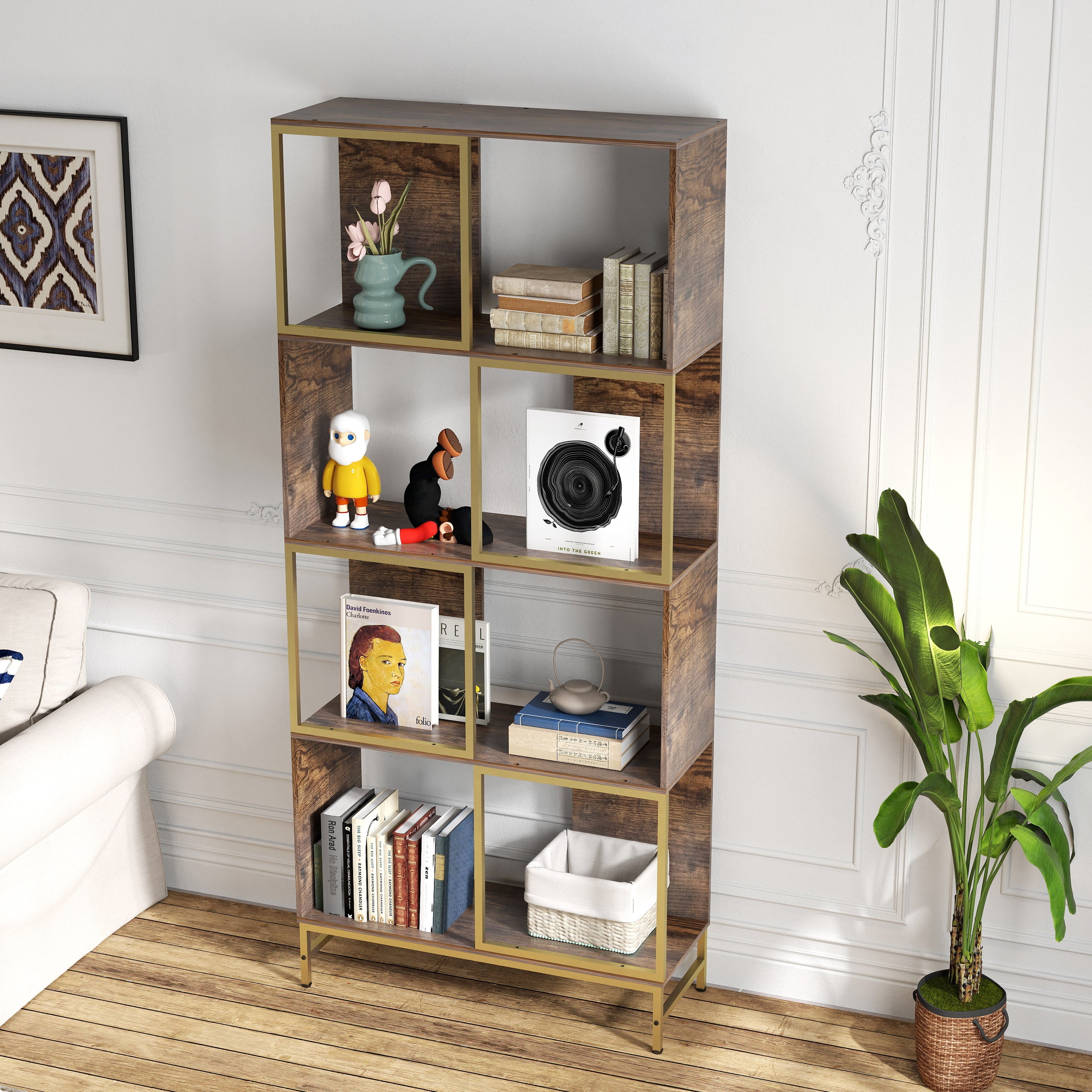 4-Tier Industrial Bookshelf, Asymmetrical Display Shelf