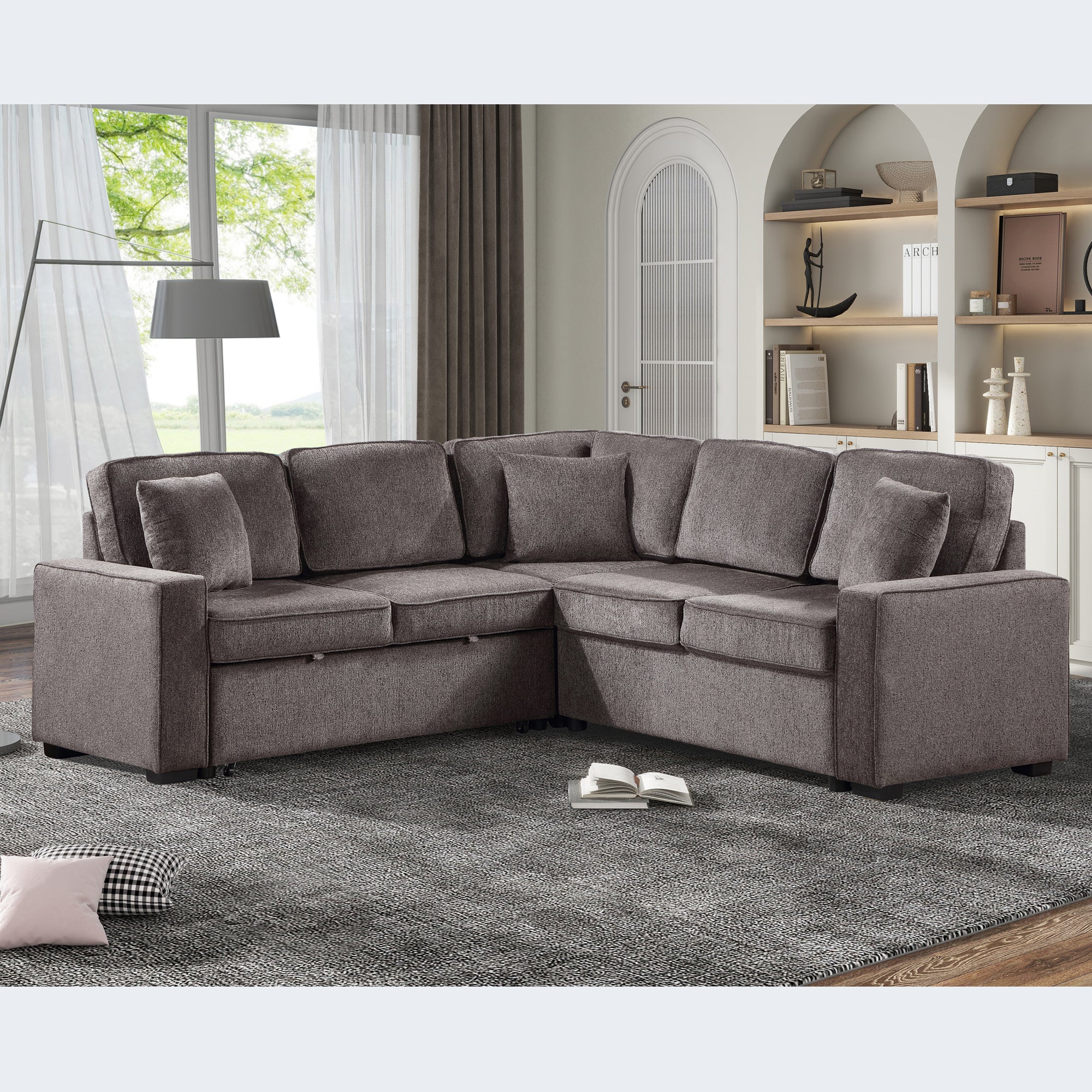 Modular Sofa, Sectional Couch L Shaped Sofa Couch with Pullout Sleeper, 5 Seat Chenille Corner Sofa for Living Room, 3 Pillows Included, Light Brown