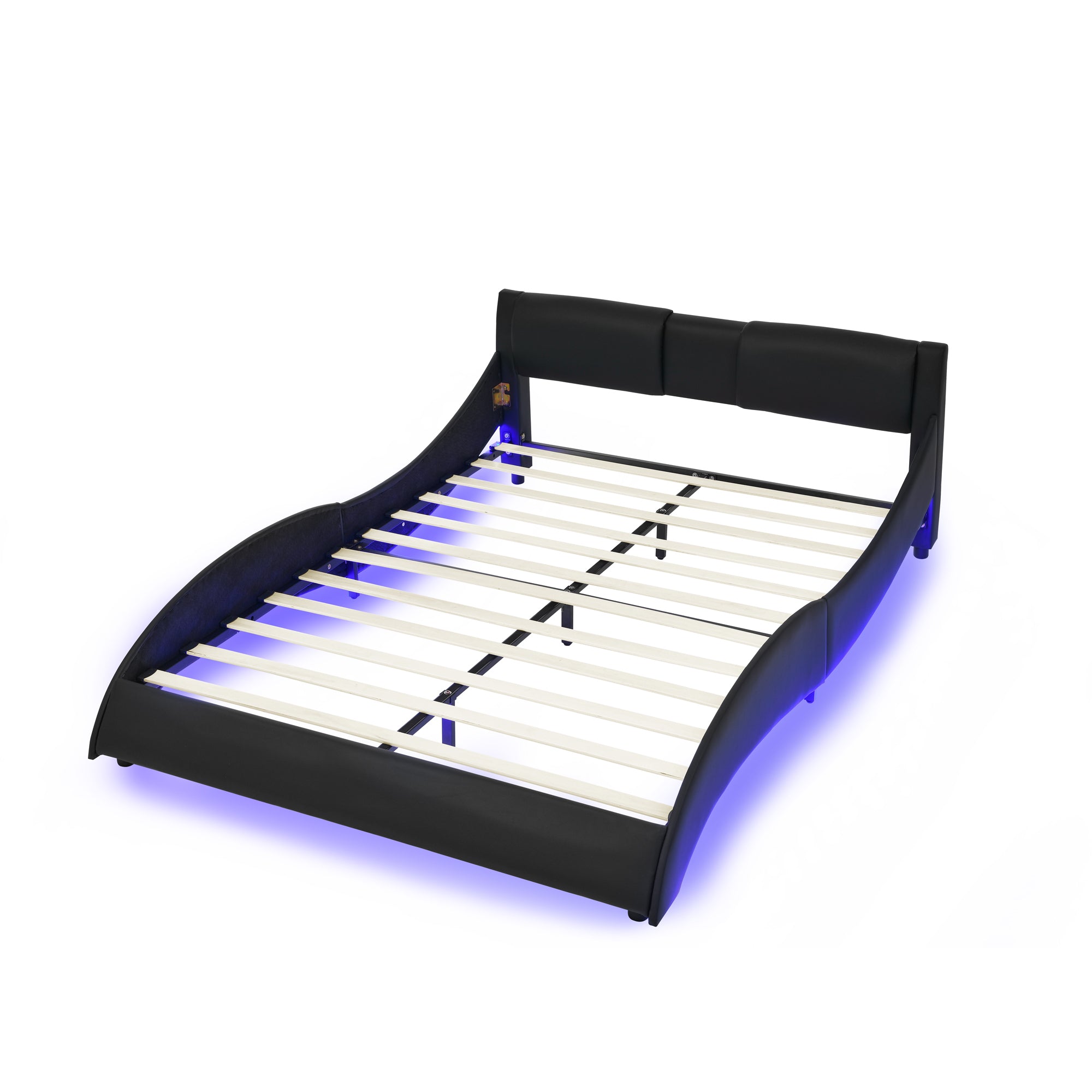 Queen Led Bed Frame Modern Faux Leather Upholstered Platform Bed Frame with RGB LED Lights and Headboard Wave Like Curve Low Profile Bed Frame,Wood Slats Support,Easy Assembly, Black