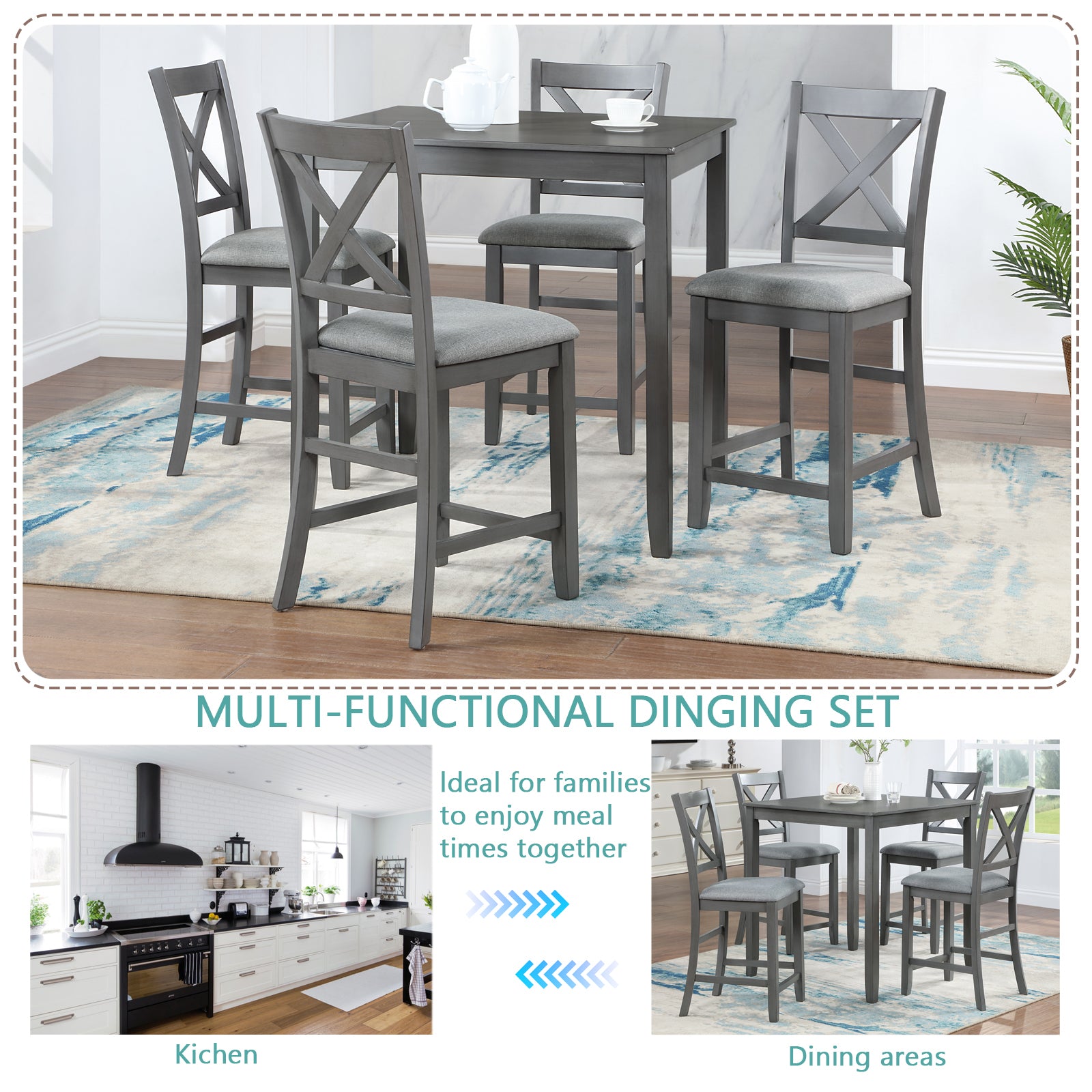 5 Piece Dining Table Set, Wooden Dining Square Table Set for 4, Counter Height Kitchen Table Set with Square Table and 4 Upholstered Chairs for Small Space, Gray