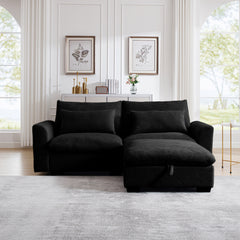 Sectional Sofa Comfy Corduroy Couch for Living Room with Pillows and Round Armrests, Modern Corduroy Sofa Sleeper Deep Couches with Storage Ottoman (Black, 2-Seat)