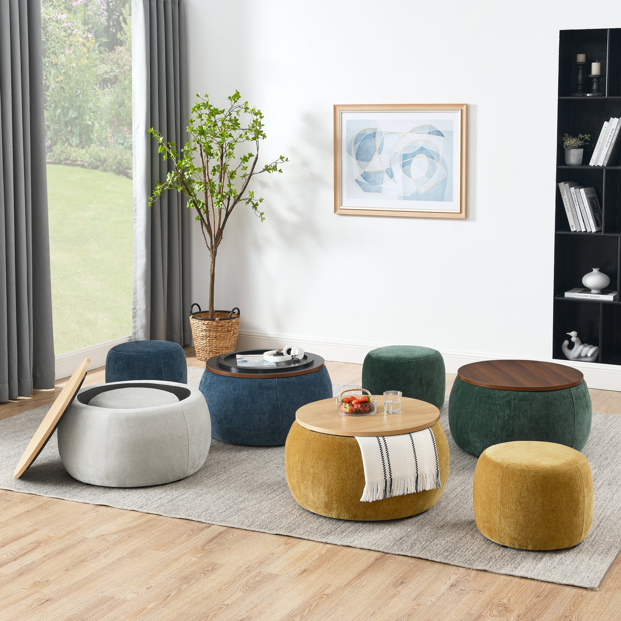 Round Storage Ottoman, 2 in 1 Function, Work as End table and Ottoman,with small seat,Dark yellow(25"x25"x14.7") ow