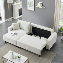 93" Beige Corduroy Sofa Bed with Two Pillows - Sectional L-Shaped Sofa with Storage for Living Room